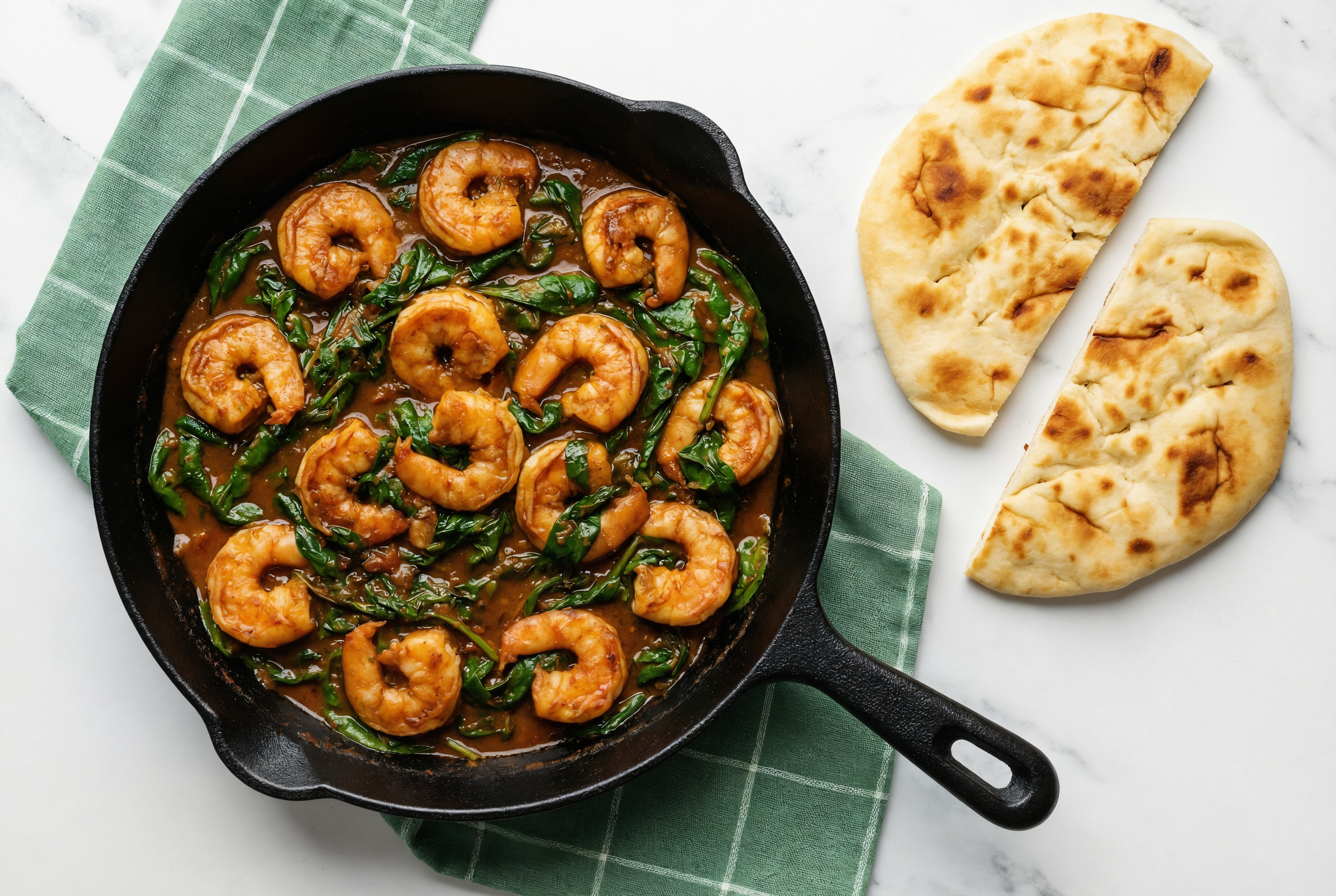 Hearty Jumbo Shrimp Vindaloo with Spinach + Naan