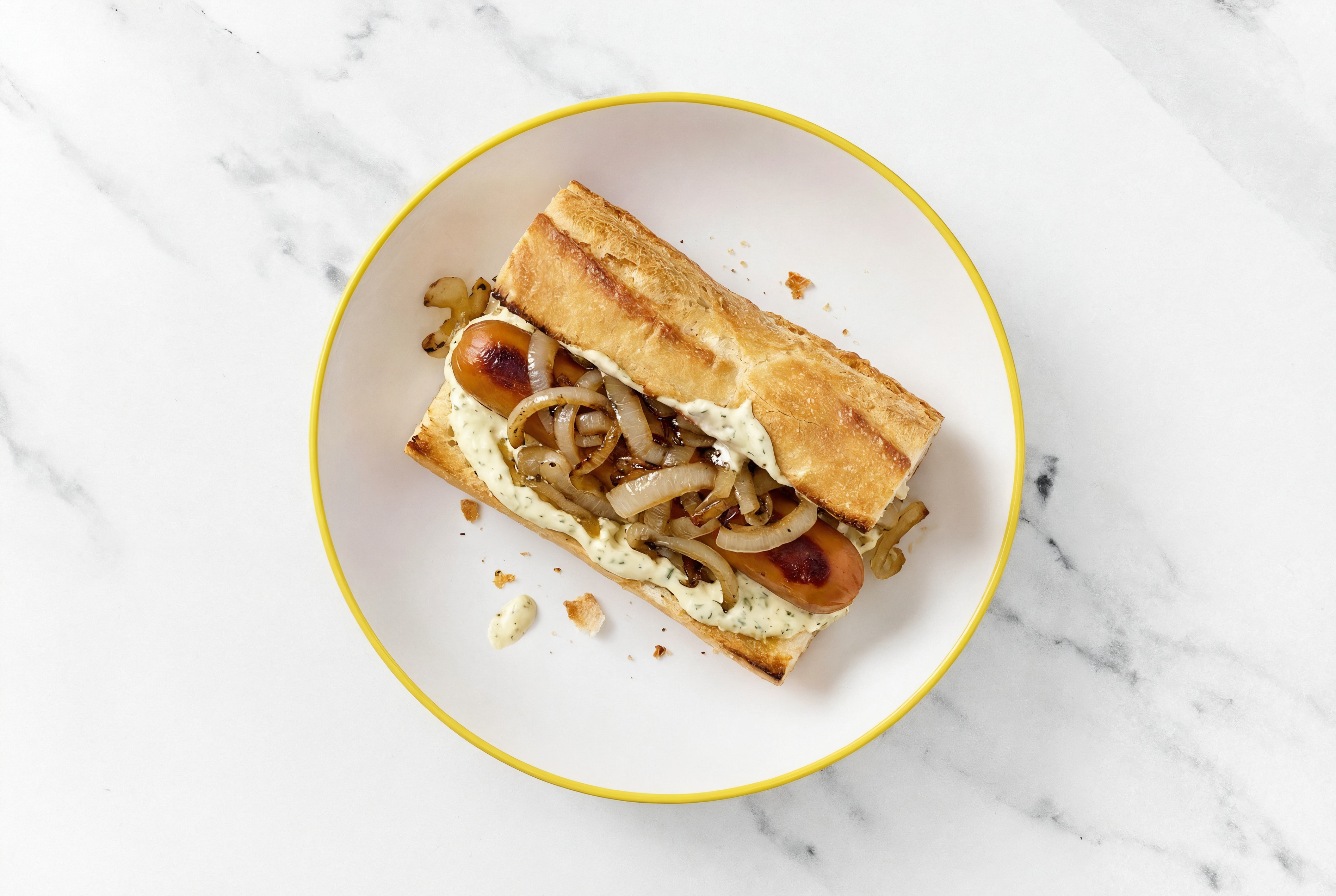 Carmelized Onion Smart Dog with Garlic Sauce on Baguette