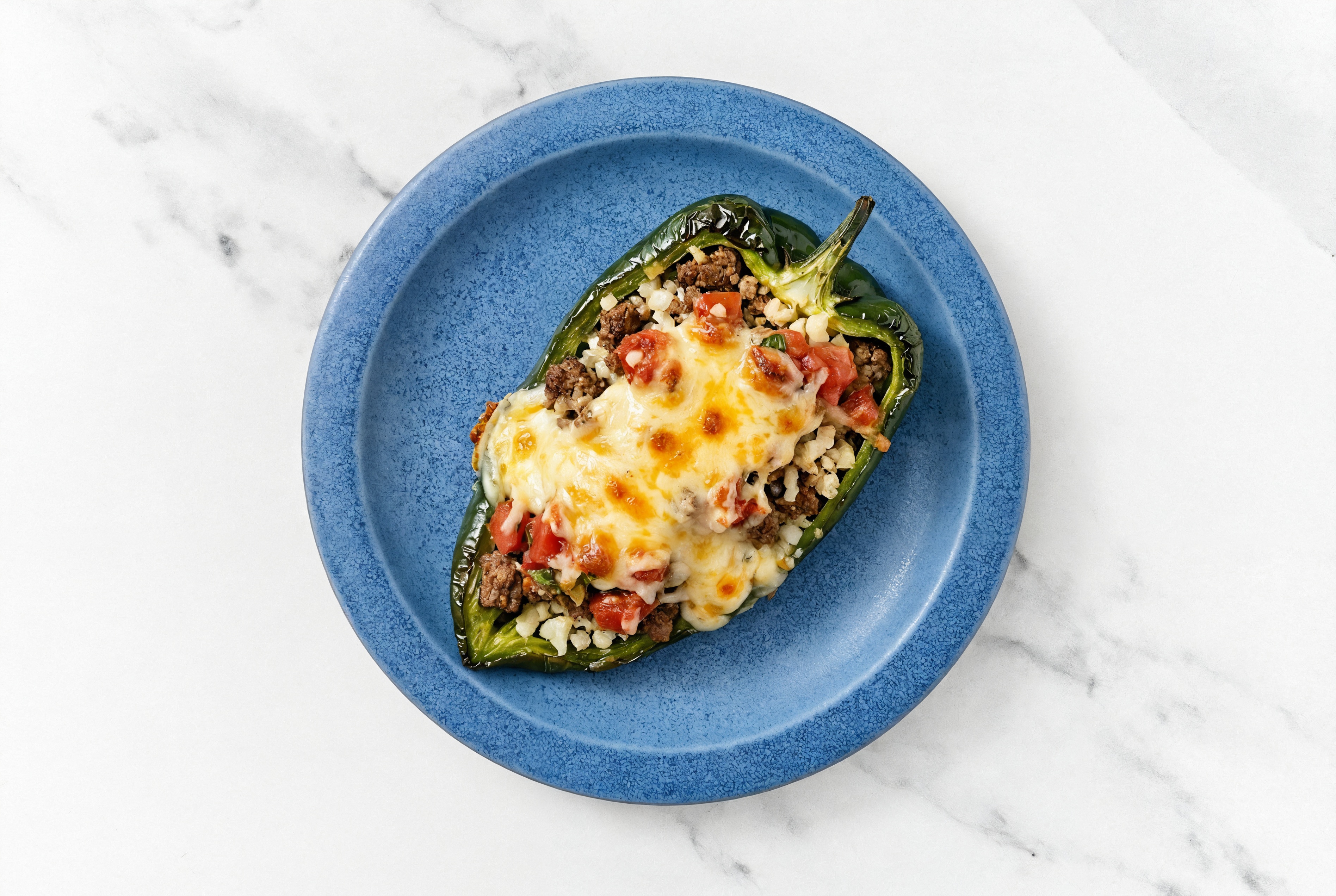 Cheesy Bacon + Shredded Sharp Cheddar Cheese Beef Burger Stuffed Poblano Peppers