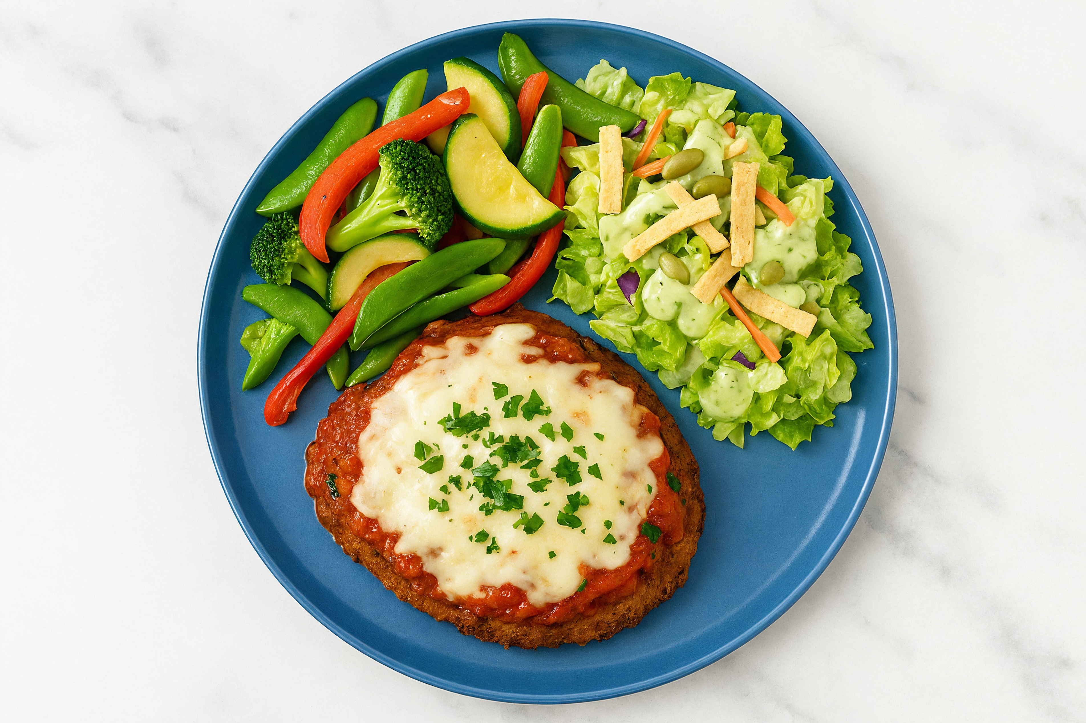 Eggplant Parmesan with Mixed Veggies + Avocado Goddess Salad