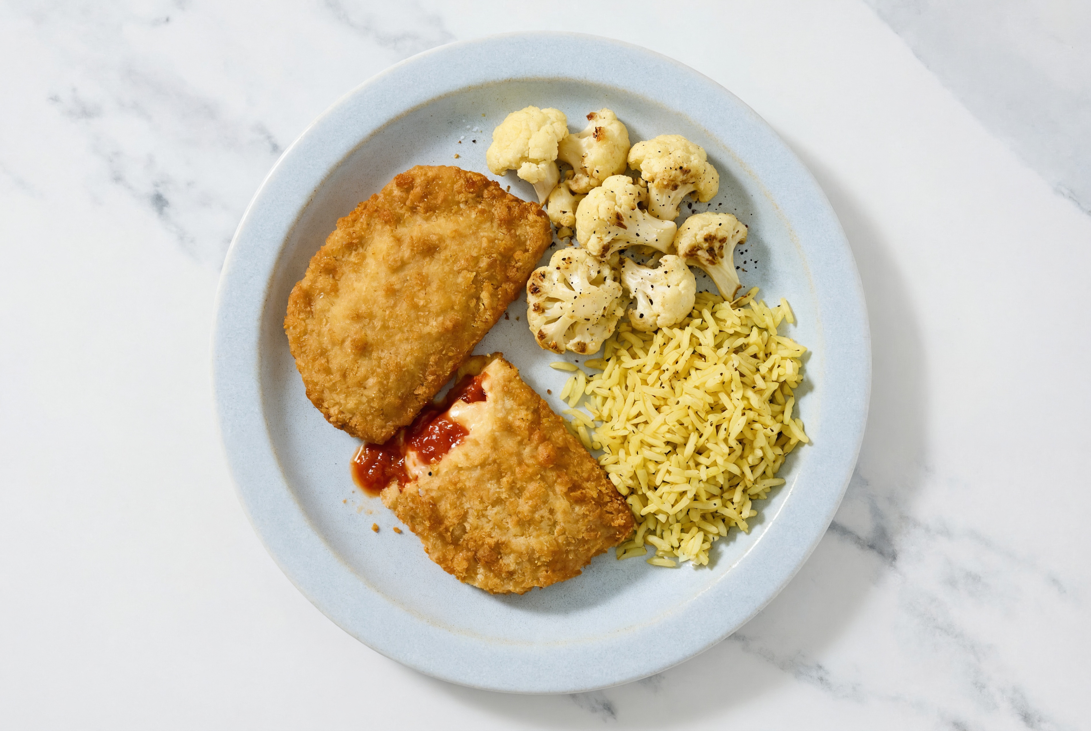"Chicken" Parm with Cauliflower Florets & Jasmine Rice