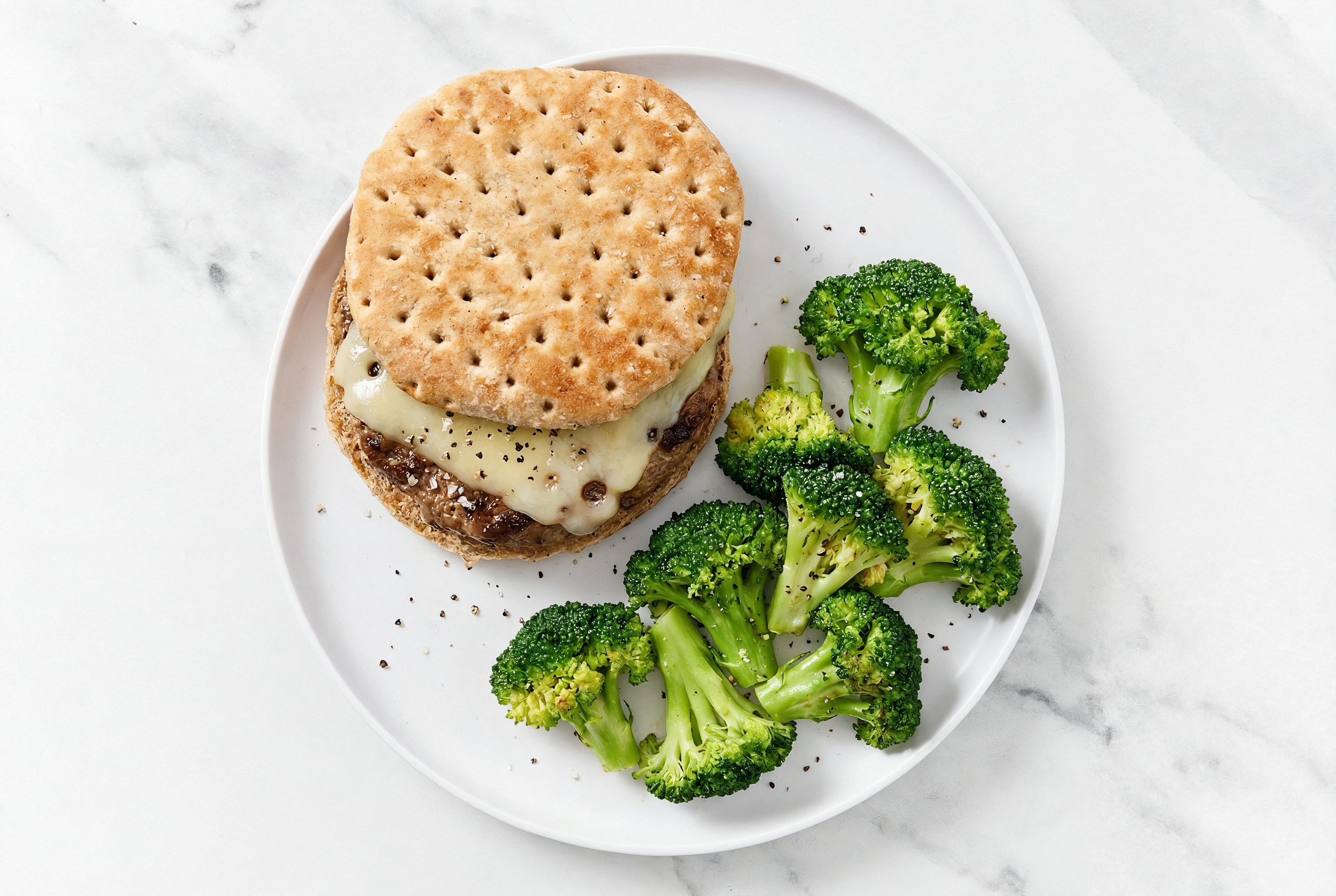 Herby Swiss Burger + Roasted Organic Broccoli with Ground Beef Patties