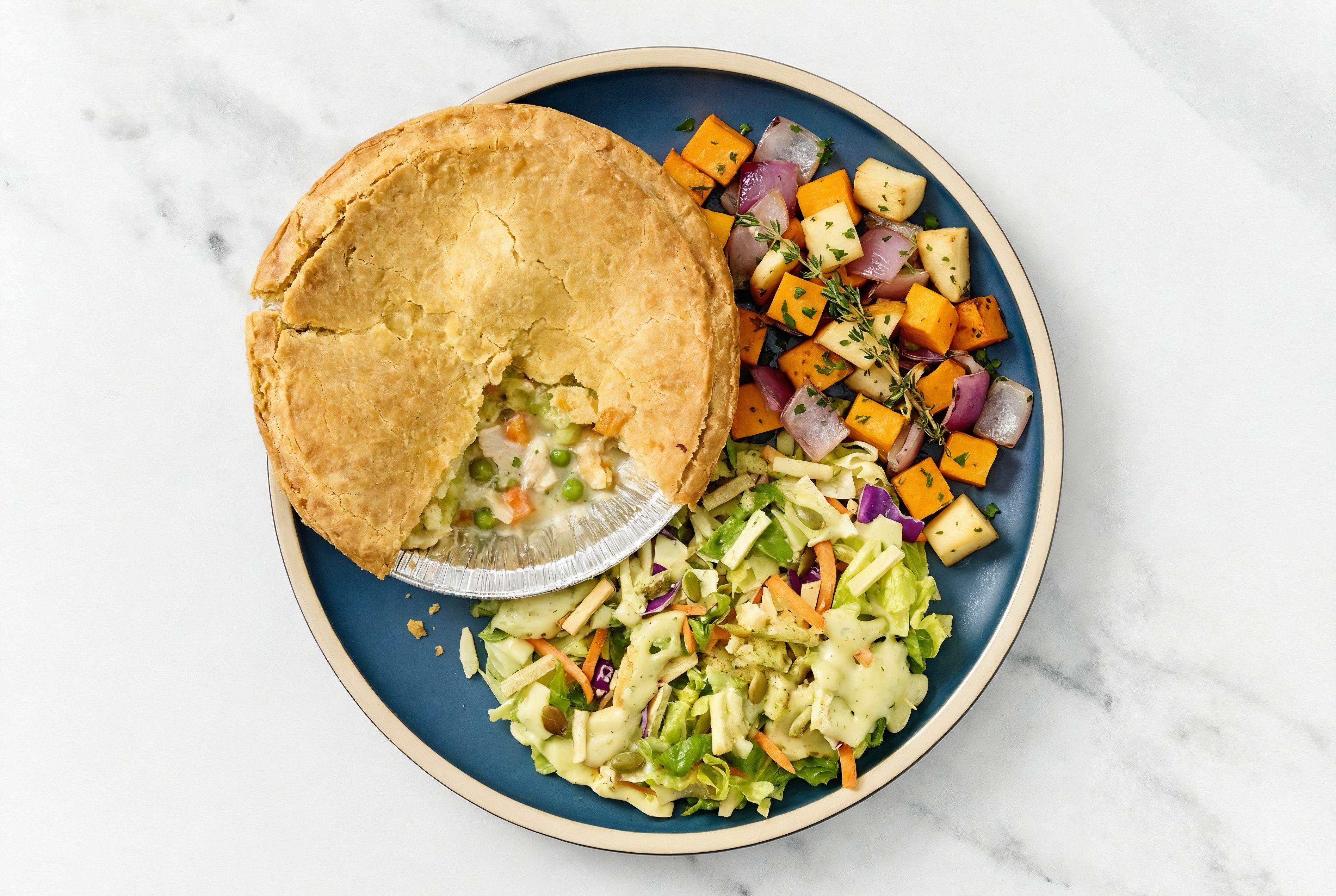 Chicken Pot Pie with Roasting Veggies & Goddess Salad