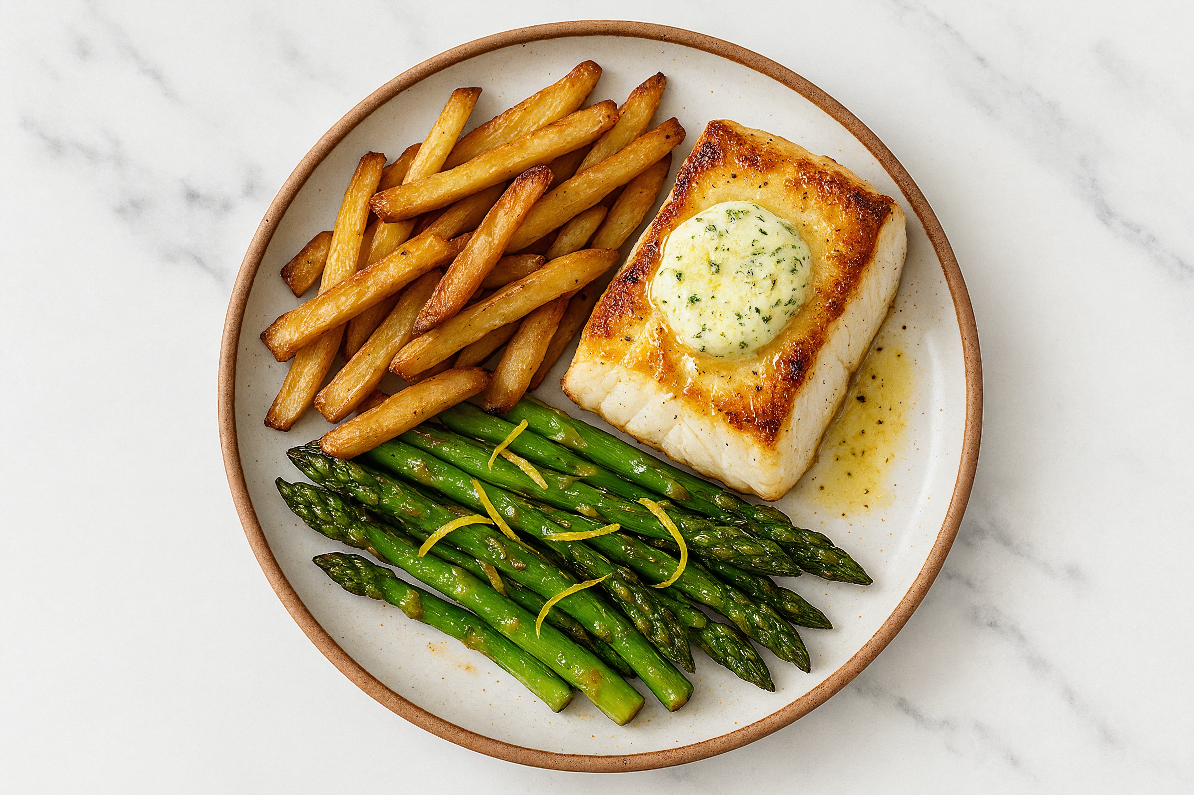 Halibut Frites with Lemony Asparagus