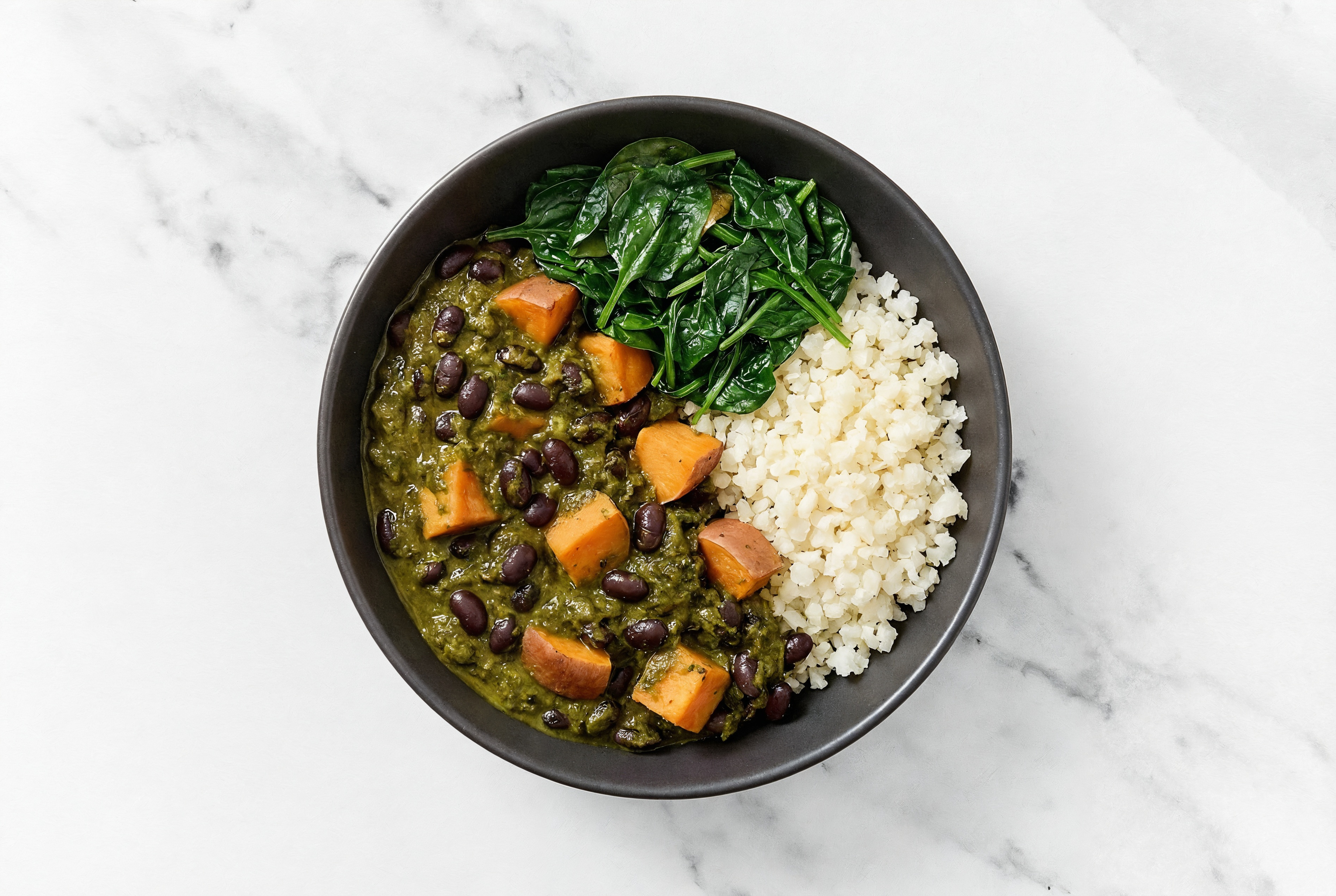 Sweet Potato Black Bean Saag with Spinach + Cauliflower Rice
