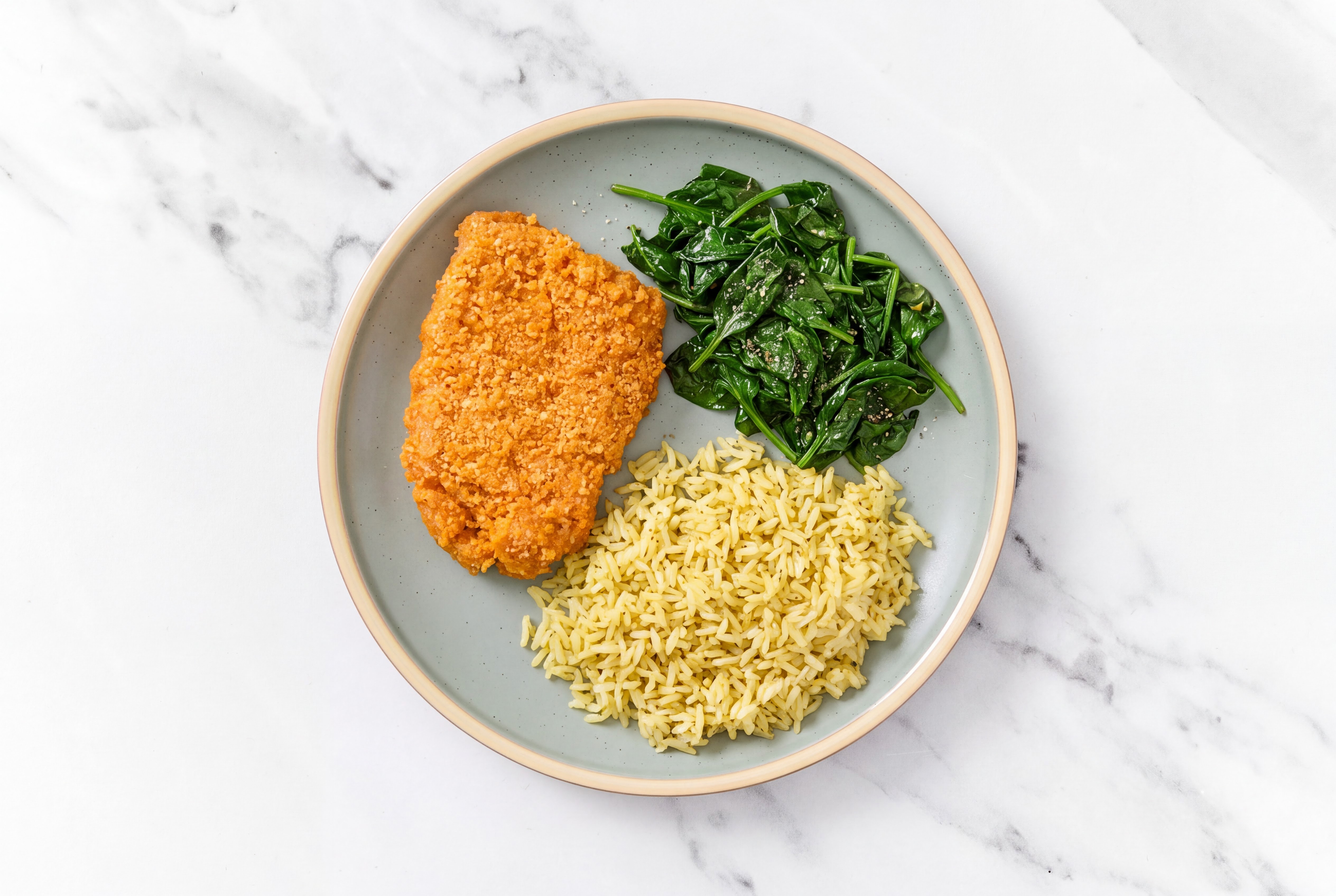 Hot Honey Breaded Chicken Cutlet with Baby Spinach & Jasmine Rice