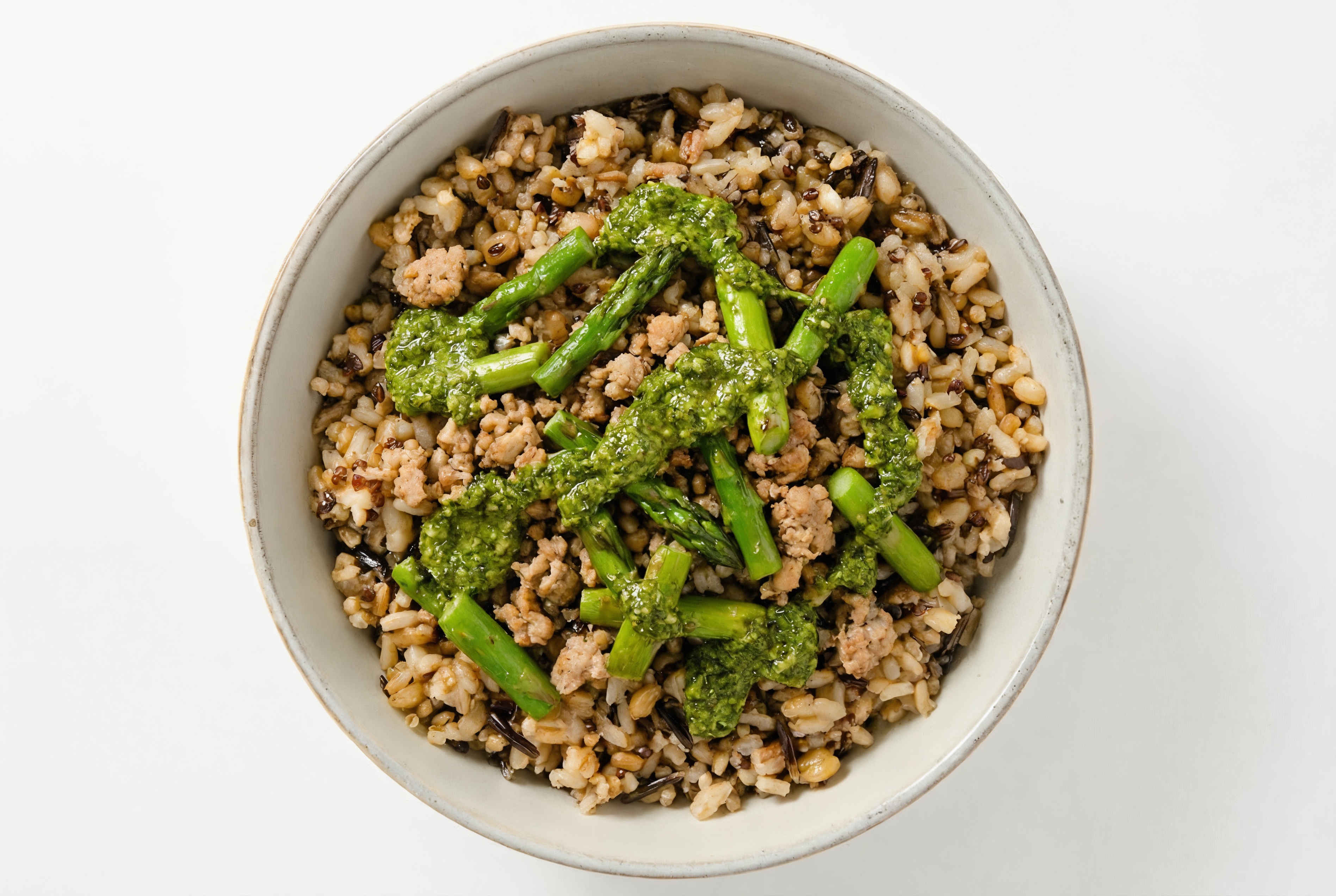 Ground Turkey & Asparagus Seven Grain Blend Bowl with Kale Spinach Pesto