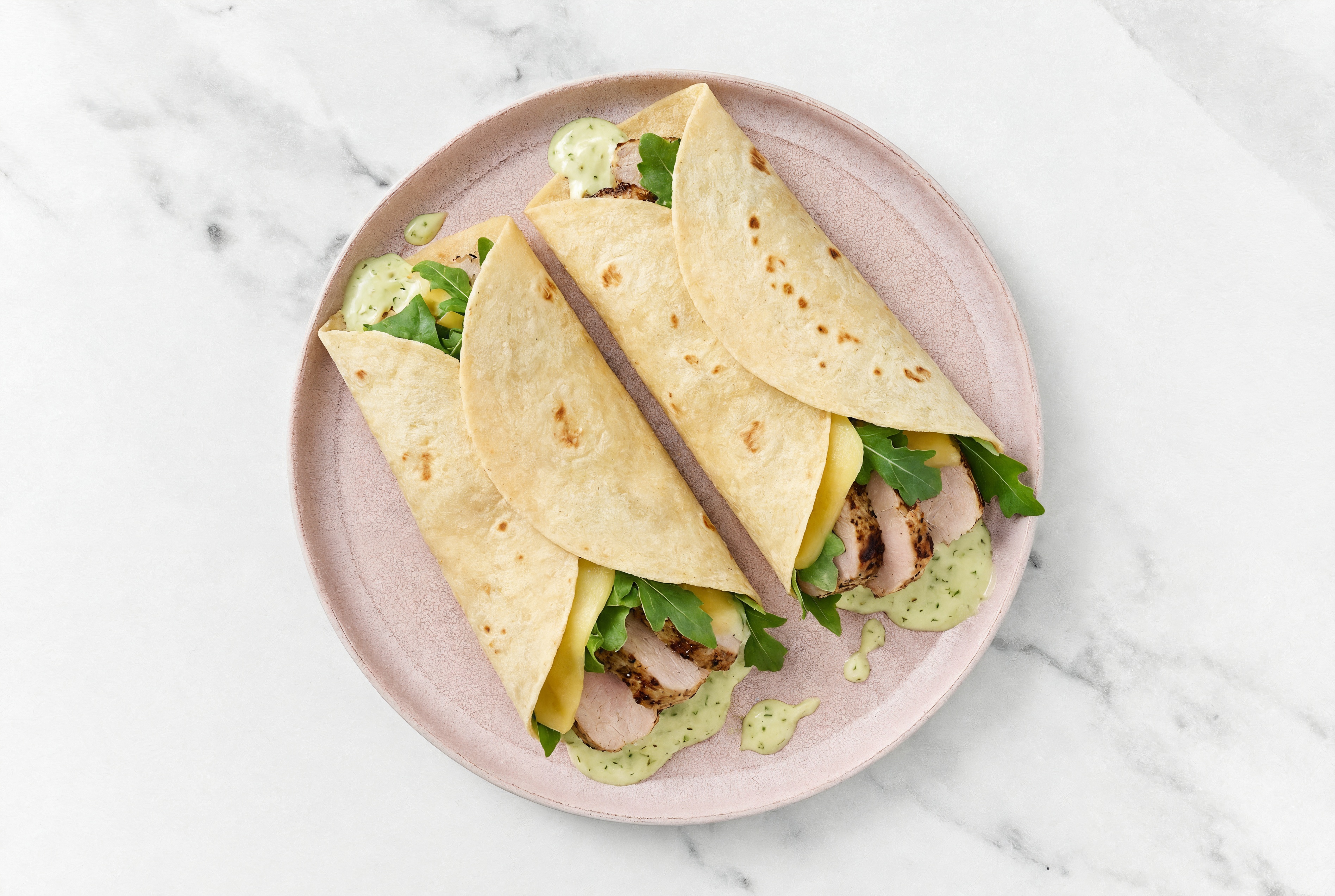 Jalapeño Pork Tenderloin + Vegan Cheddar Tortilla Wraps with Arugula
