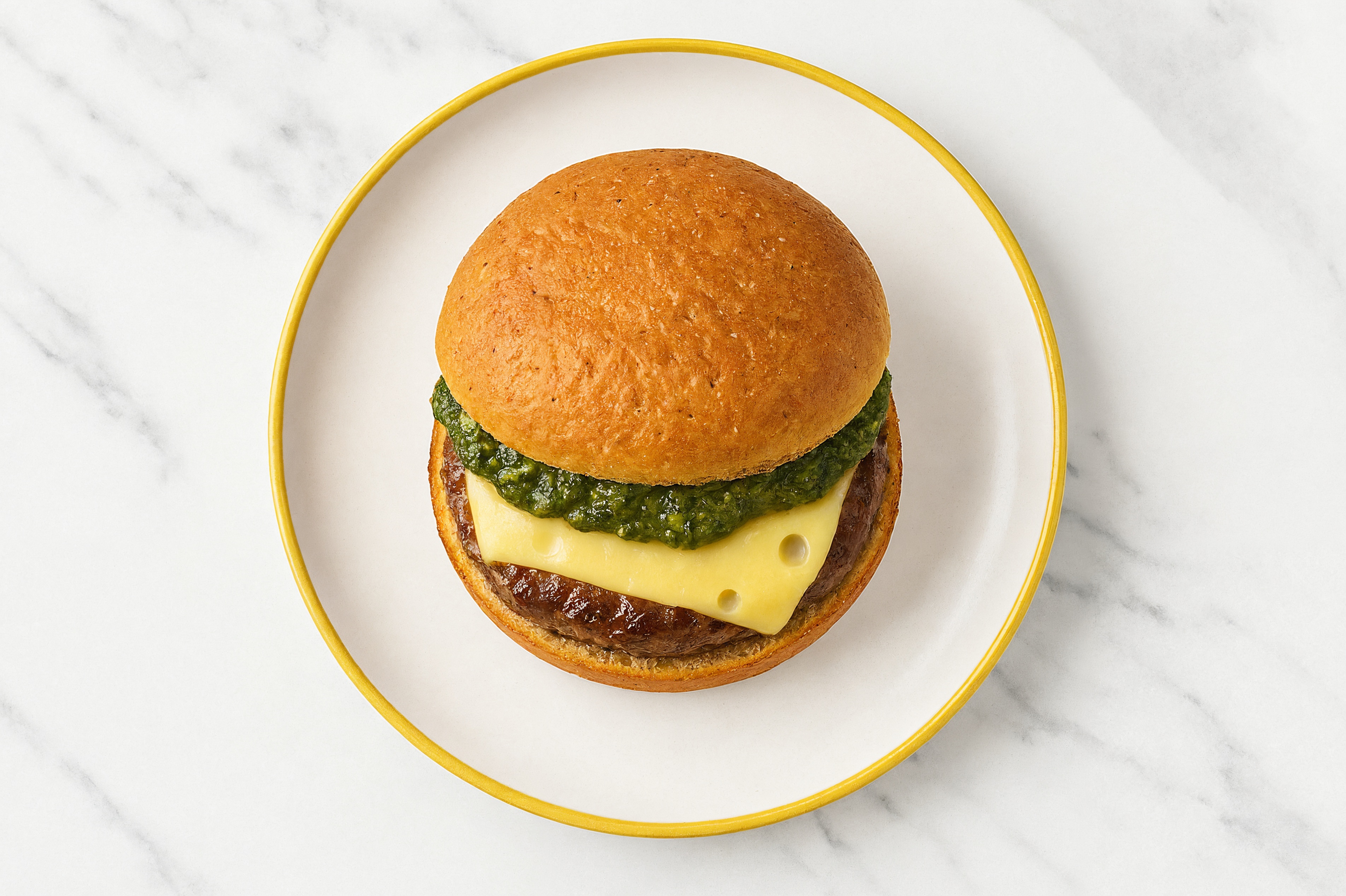 Beef Burger on Sprouted Grain with Spinach Pesto & Swiss