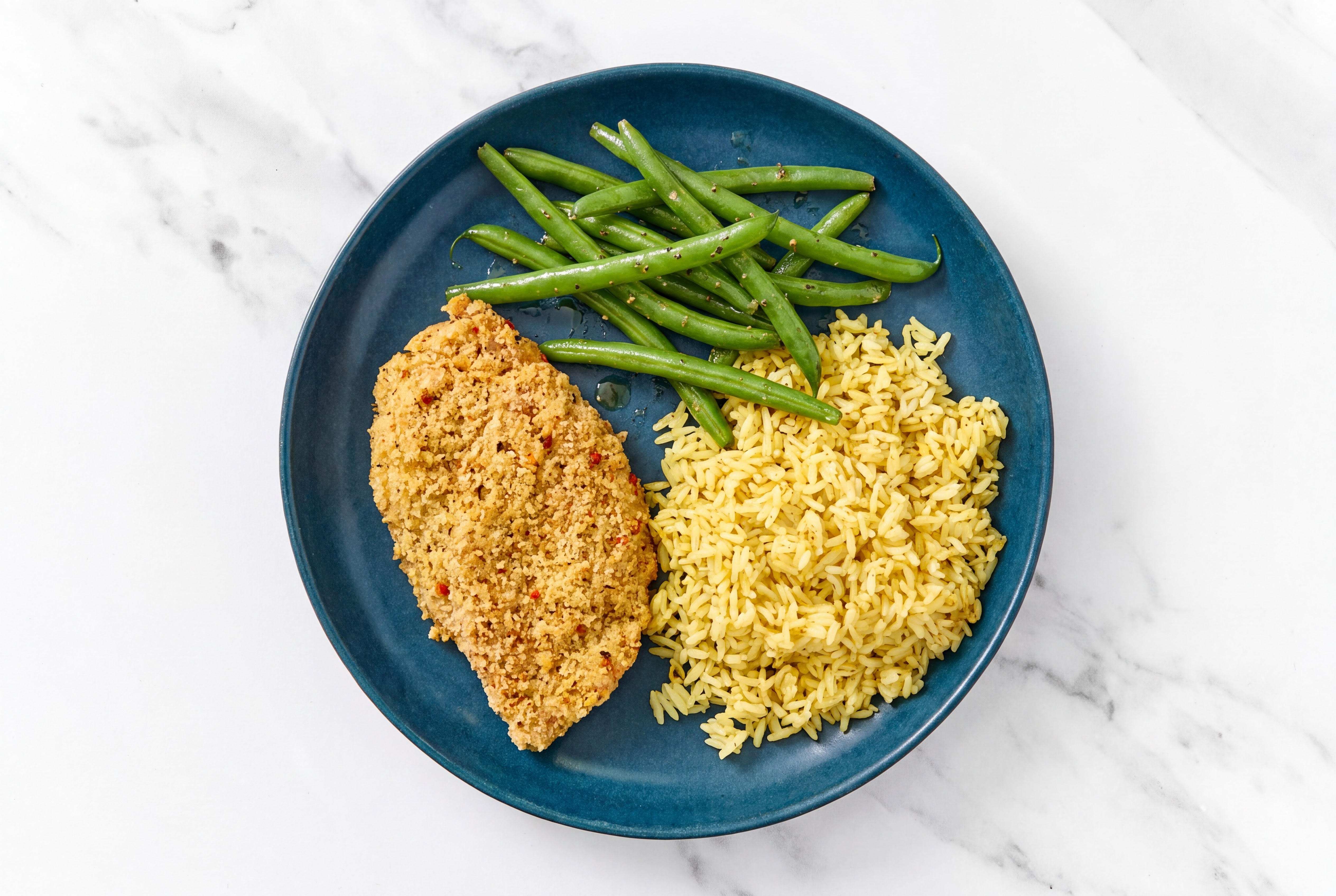 Parmesan Breaded Chicken Cutlet with Organic Green Beans & Jasmine Rice