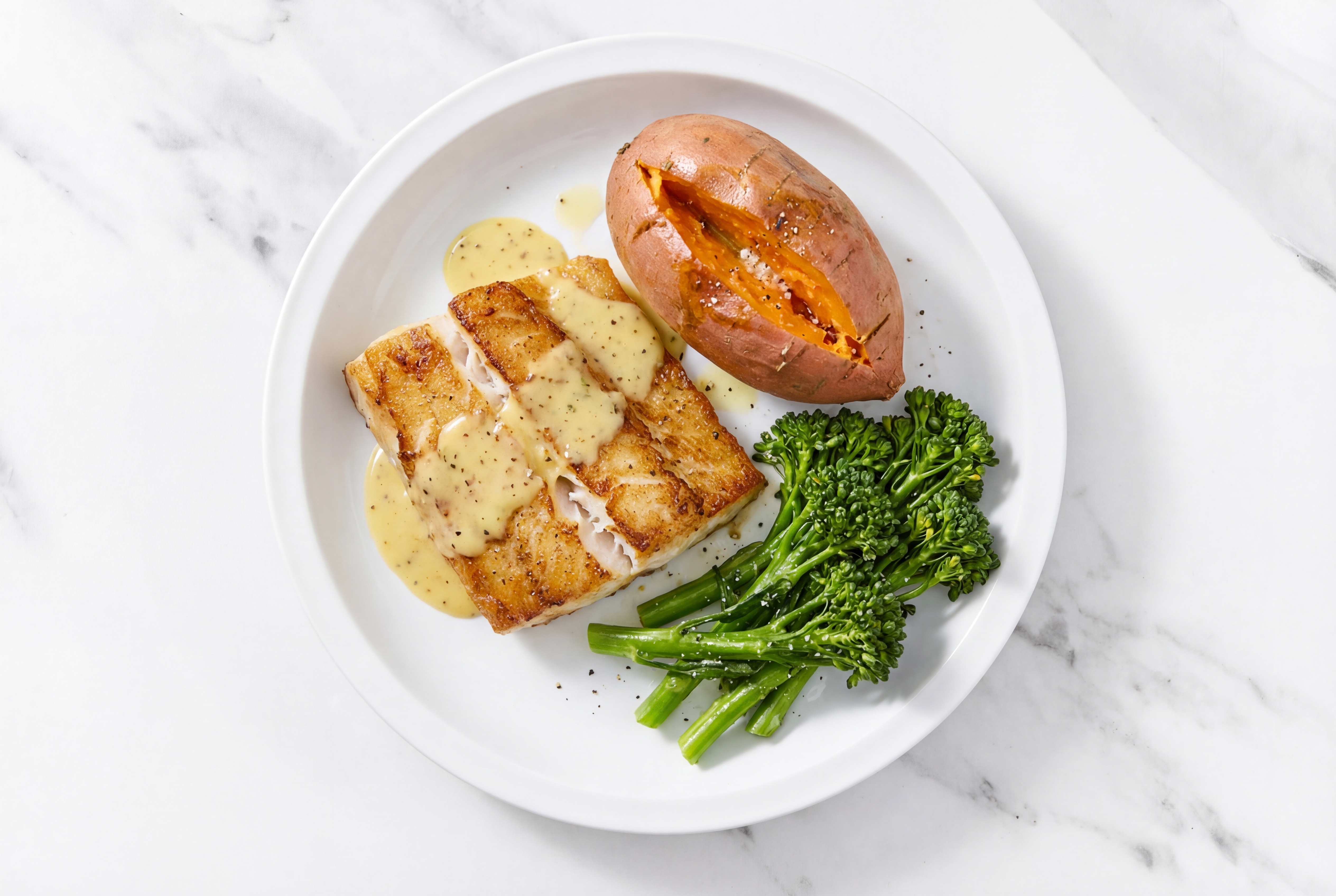 Honey Mustard Seared Barramundi + Sweet Potato