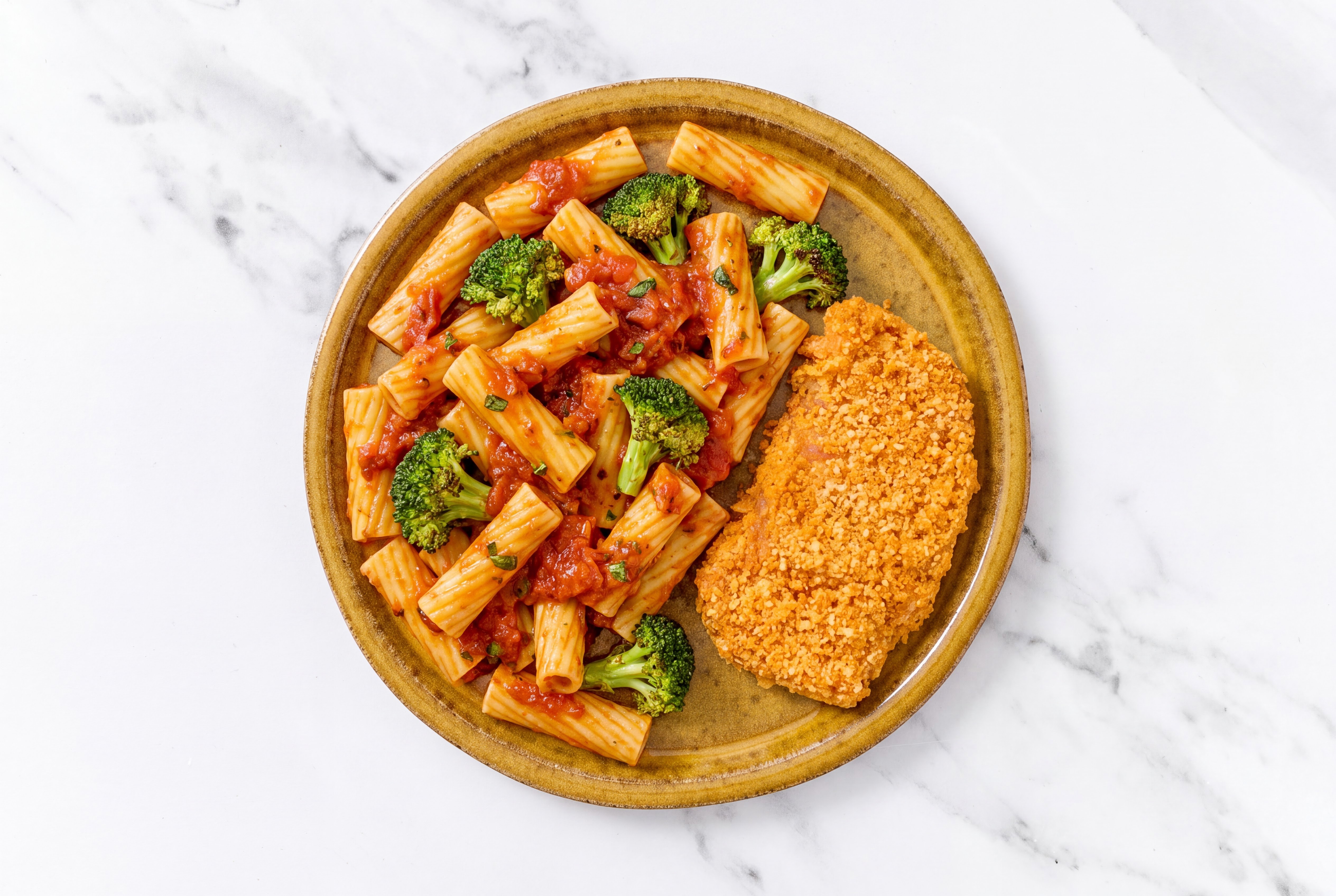 Crispy Hot Honey Chicken over Marinara Rigatoni with Broccoli