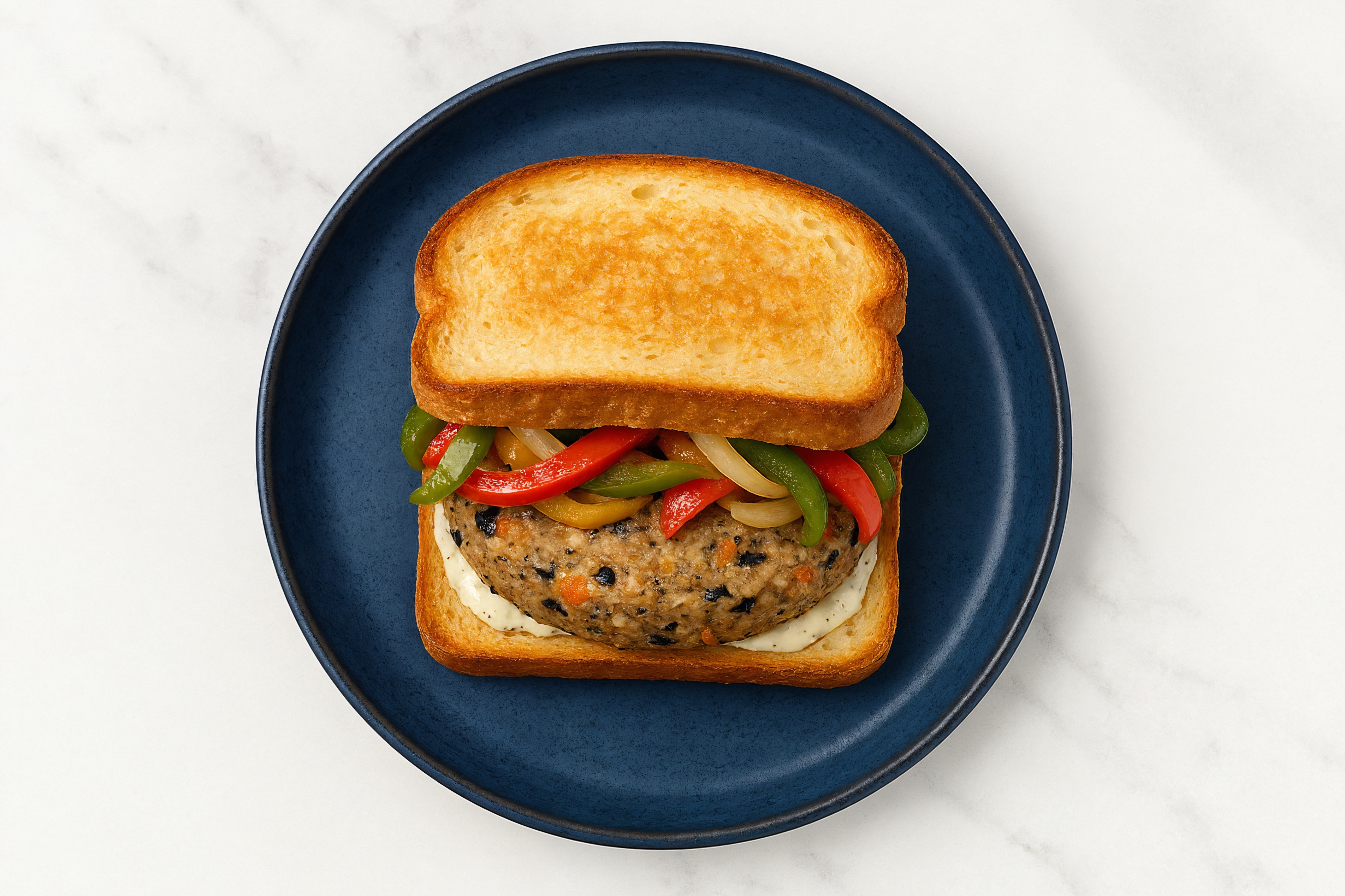 Onion + Pepper Black Bean Burger on GF Bread with Garlic Sauce