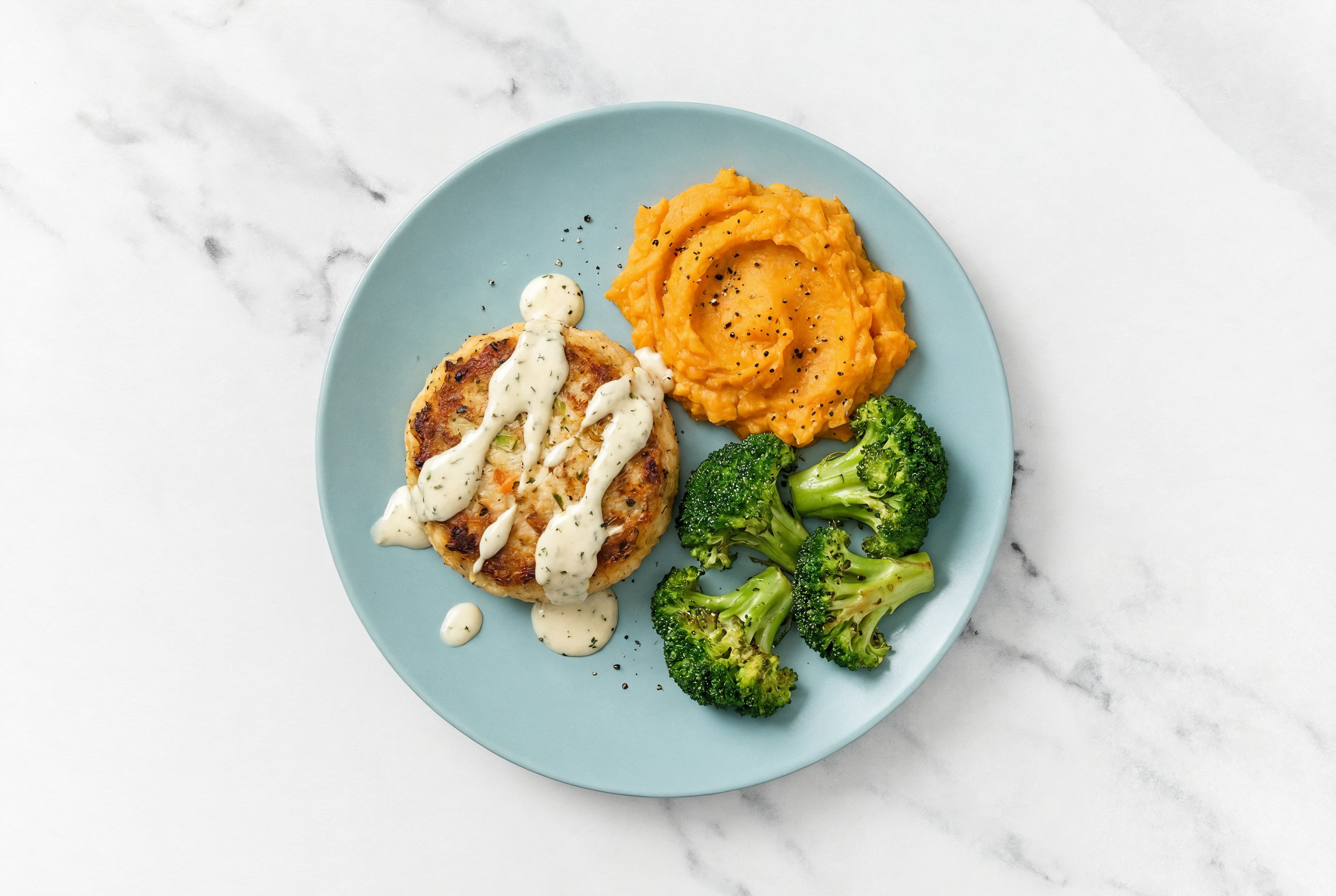 Rustic Garlicky Snow Crab Cakes with Sweet Potato Mash