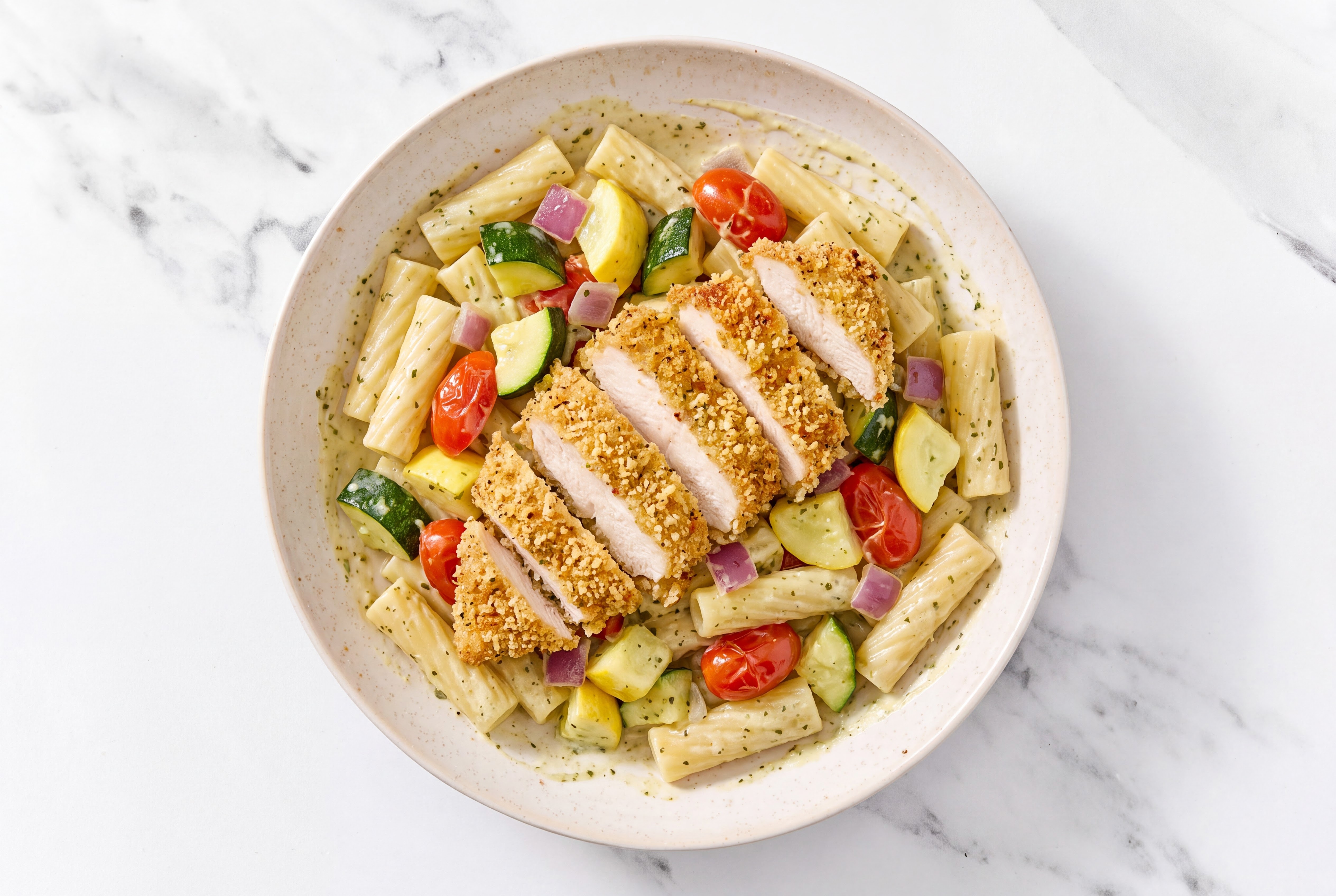 Crispy Garlic Chicken over Creamy Rigatoni with Mixed Veggies