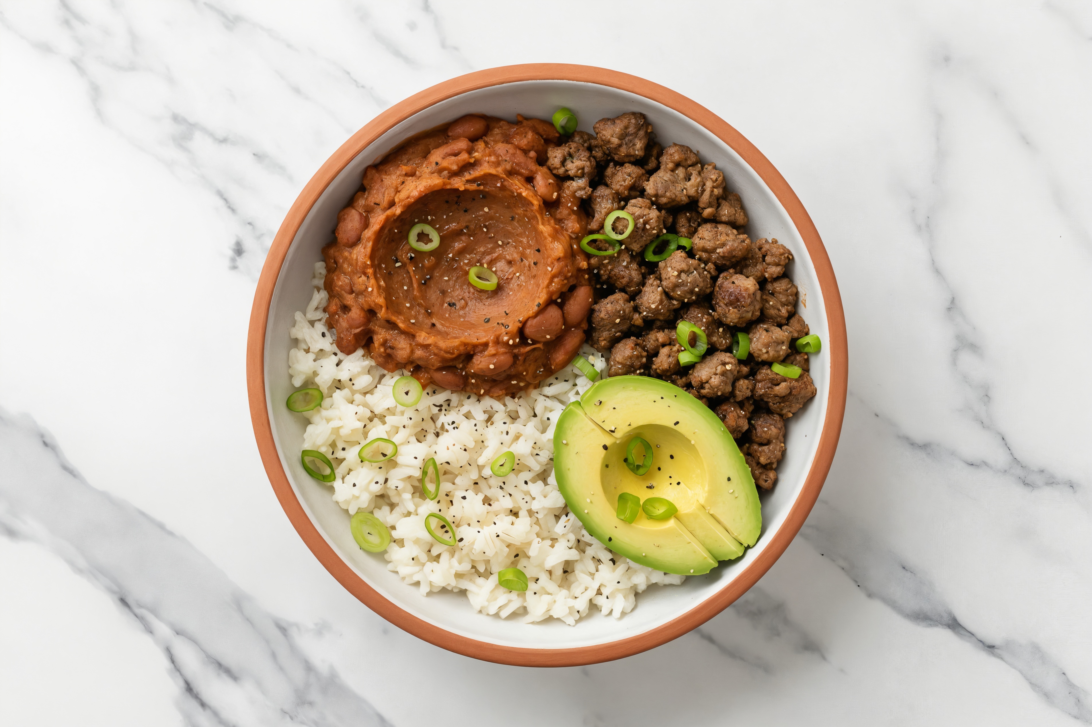 Scallion + Avocado Ground Beef Bowl with Organic Long Grain White Rice + Refried Red Beans