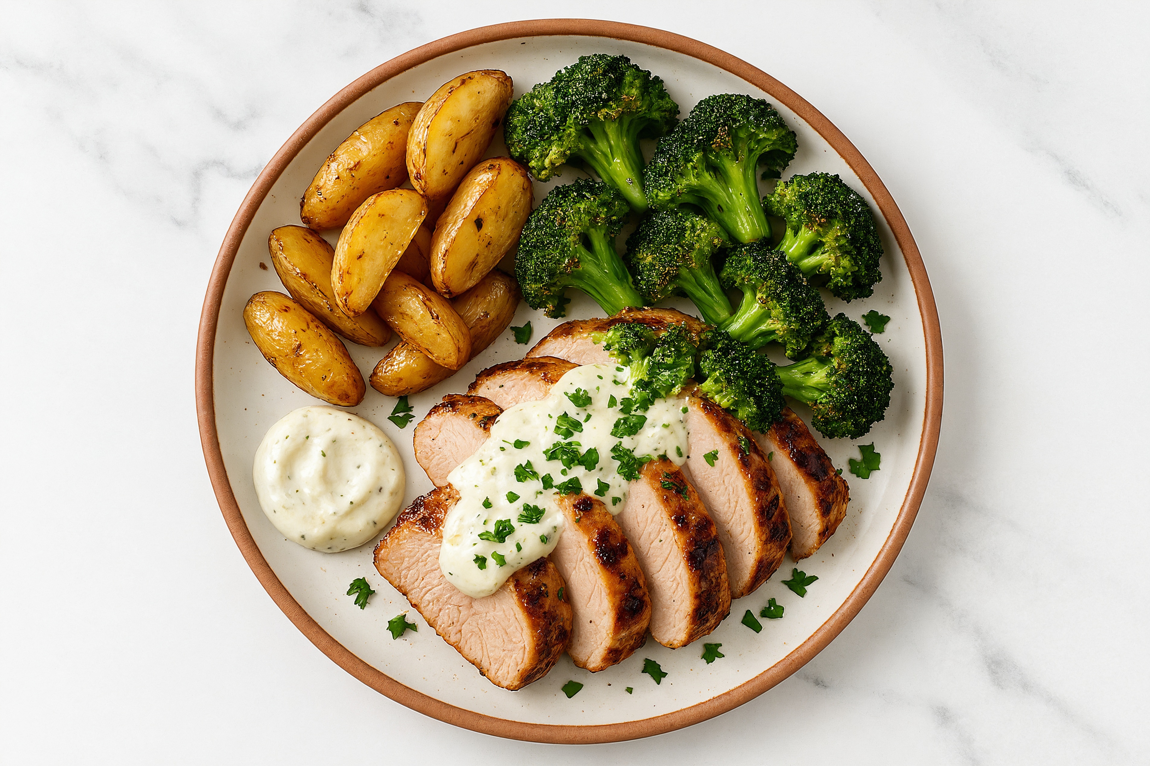 Sheet-Pan Pork Tenderloin + Veggies with Tzatziki with Broccoli Florets