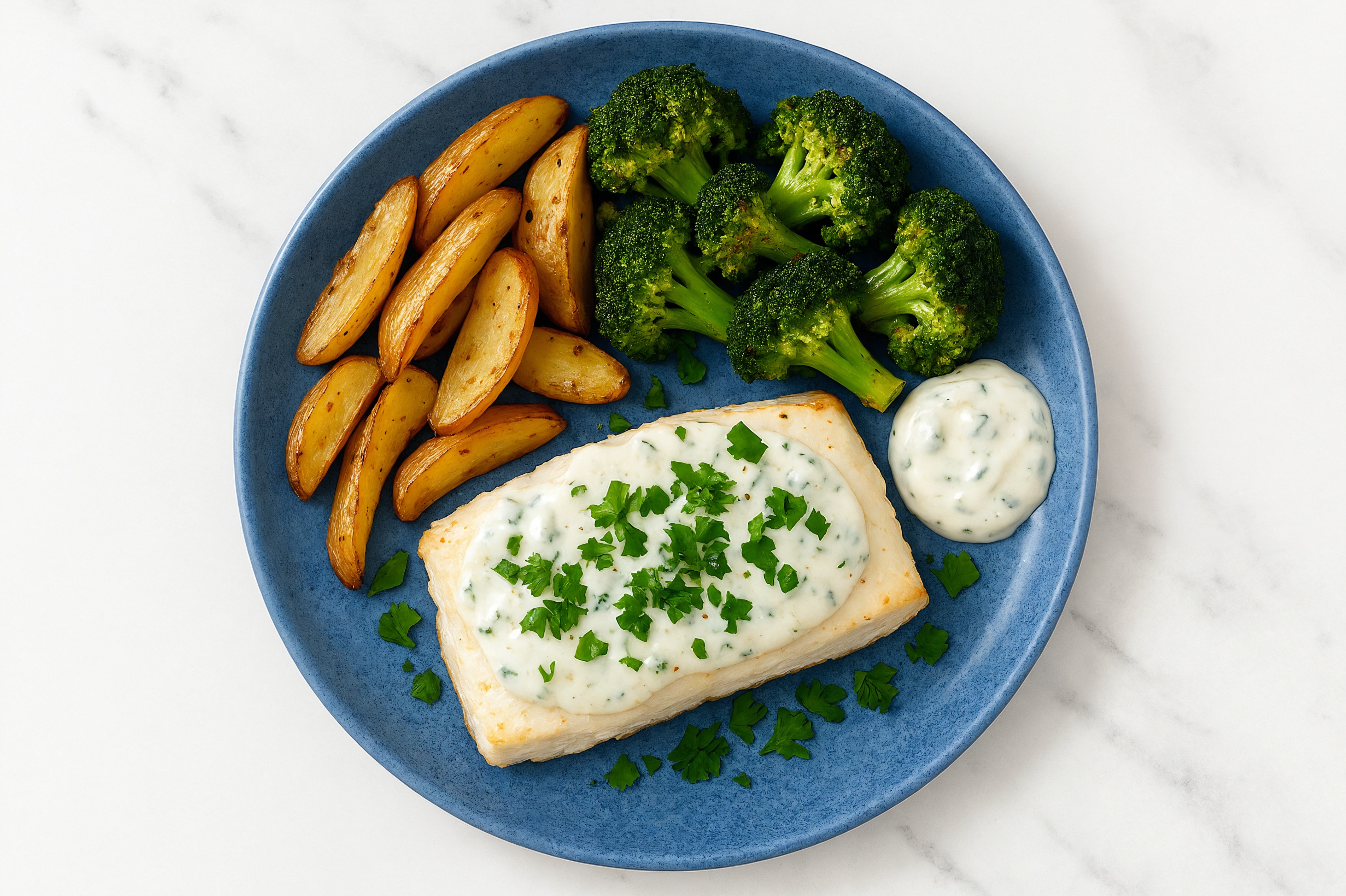 Hearty Sheet-Pan Halibut + Veggies with Tzatziki with Broccoli Florets