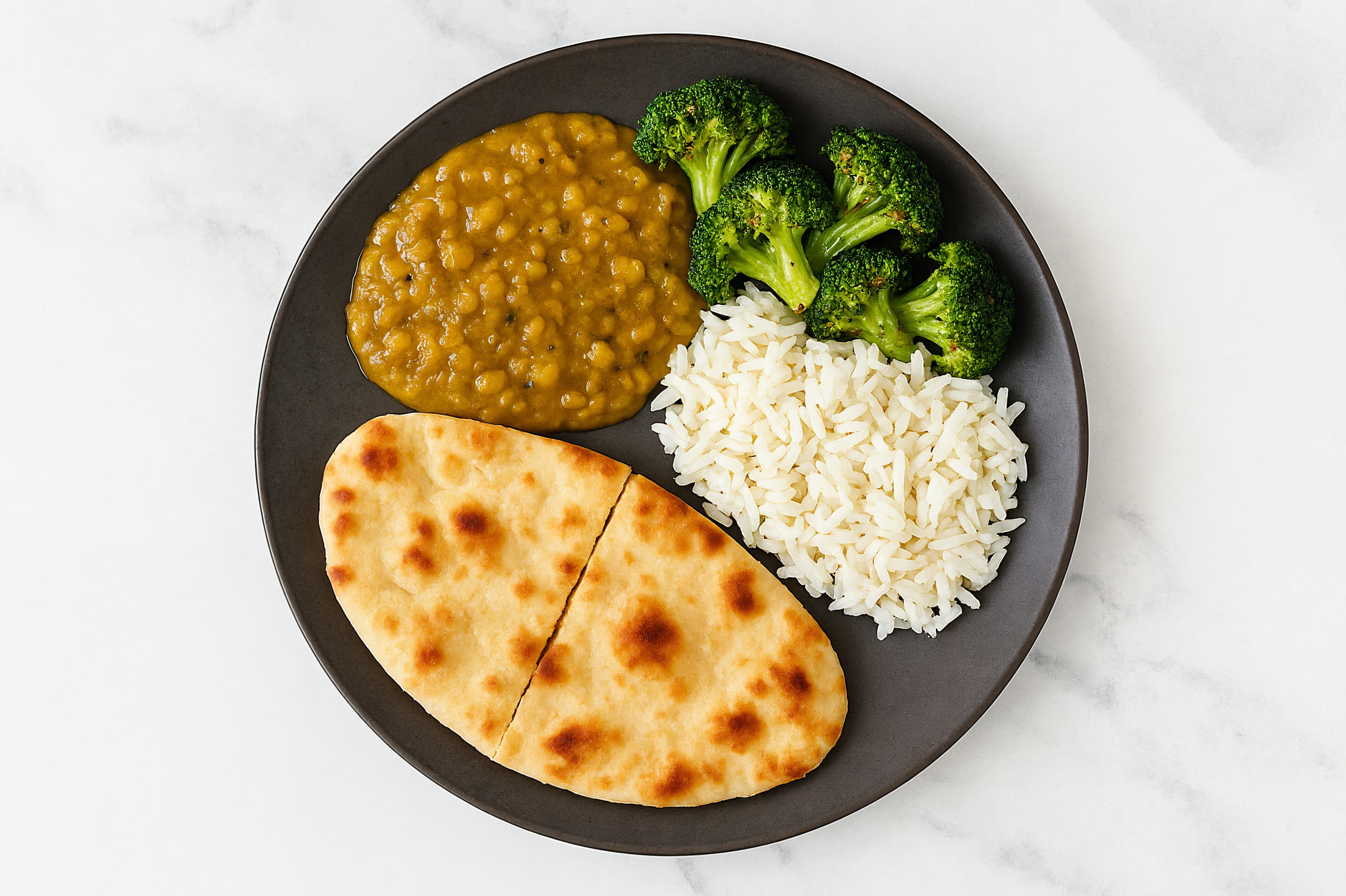 Broccoli + Yellow Lentil Dal Long Grain White Rice Bowl with Naan