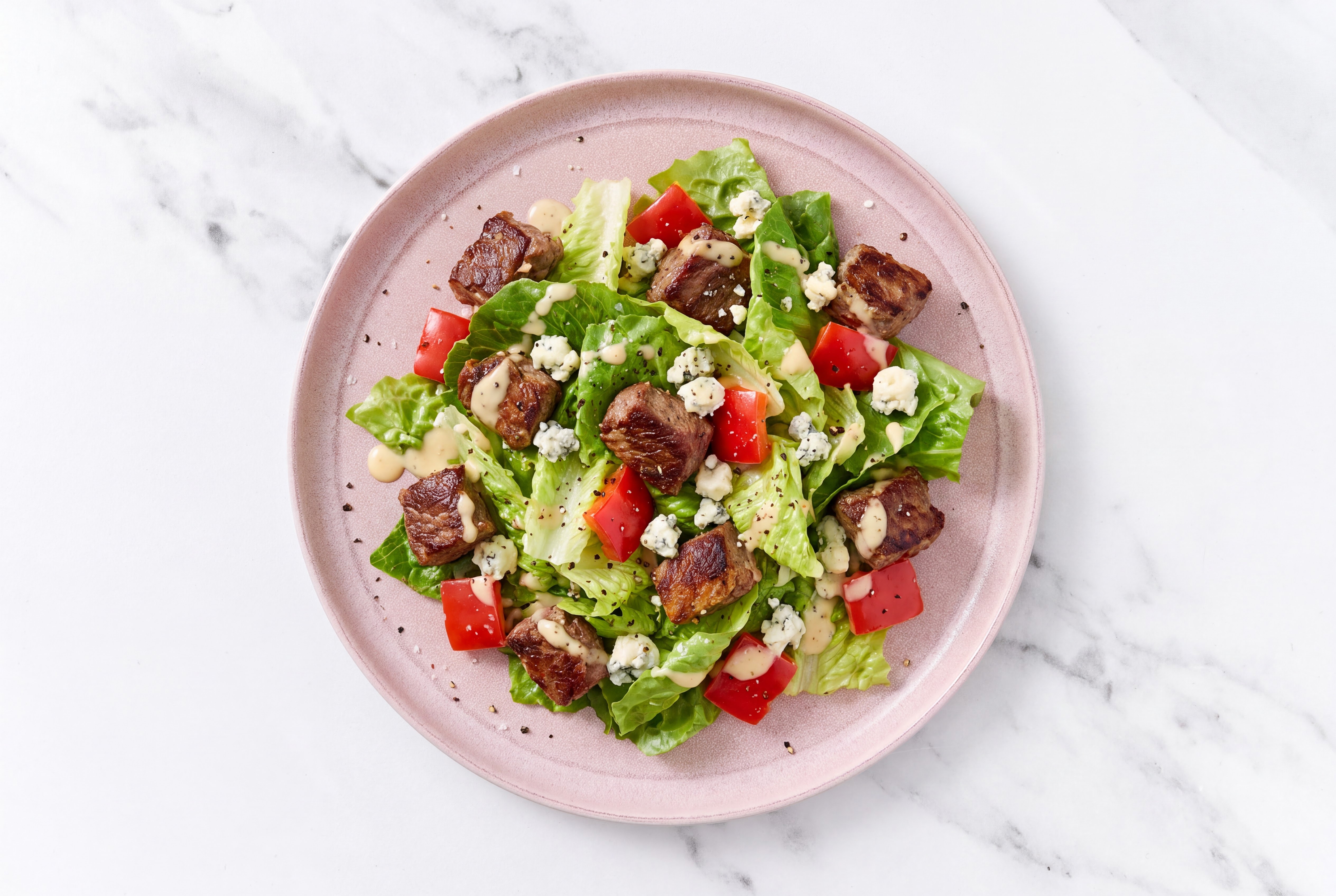 Lamb + Blue Cheese Miso Caesar Salad with Red Bell Pepper