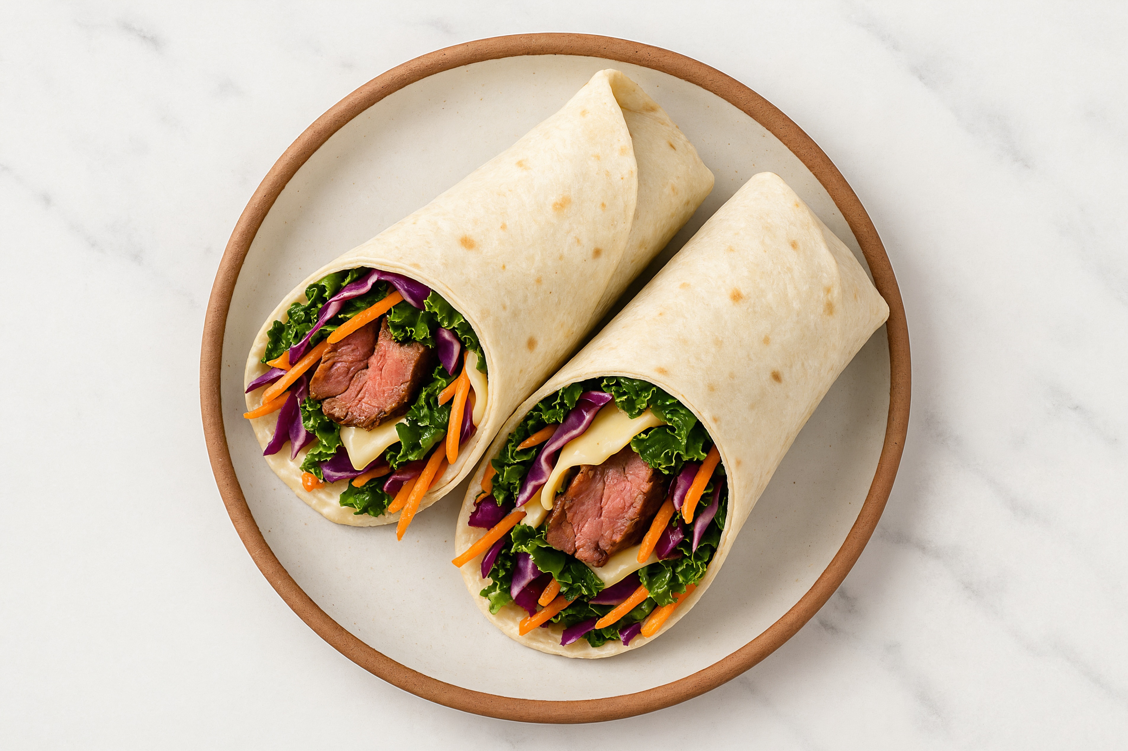 Garlic Sliced Steak + Havarti Wraps with Rainbow Veggies