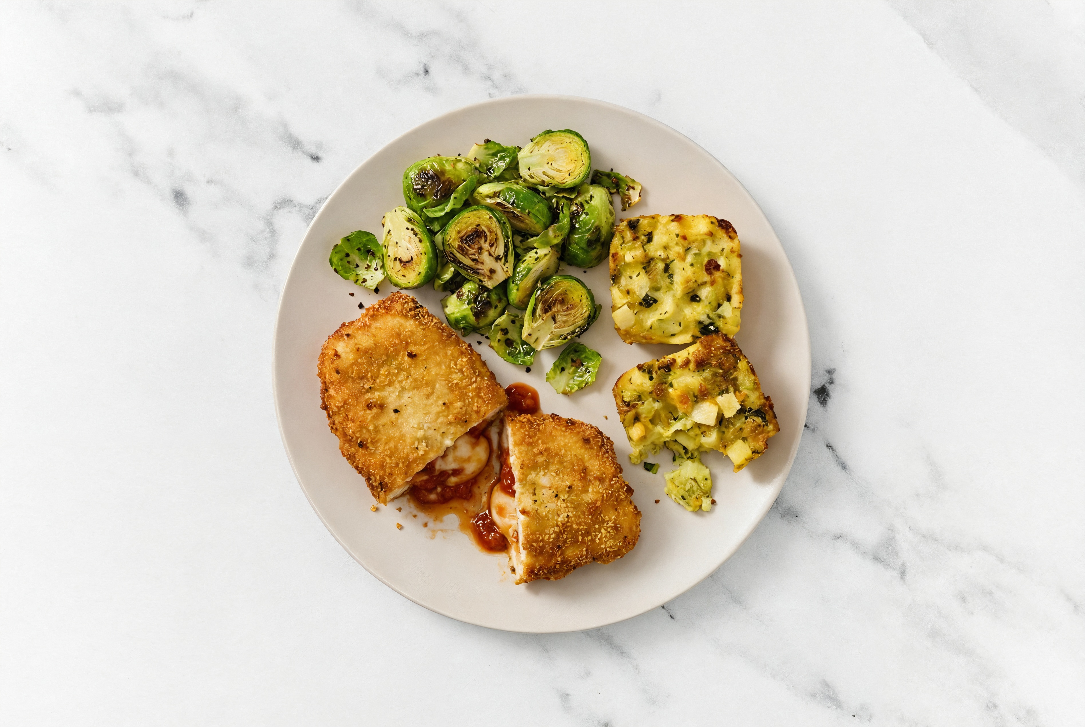 "Chicken" Parm with Brussels & Potato Bake