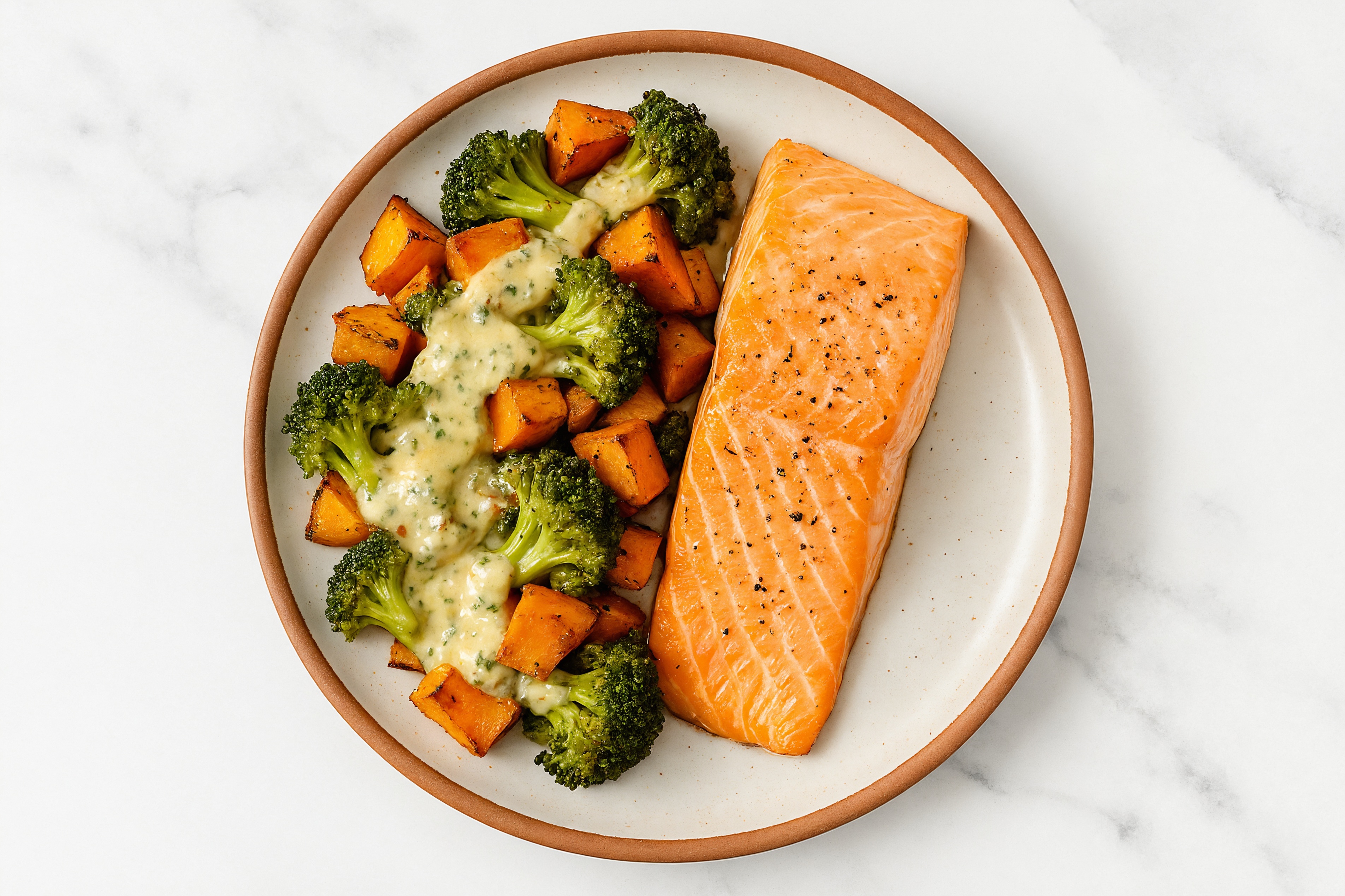 Sheet Pan Tahini-Salmon with Sweet Potatoes & Broccoli