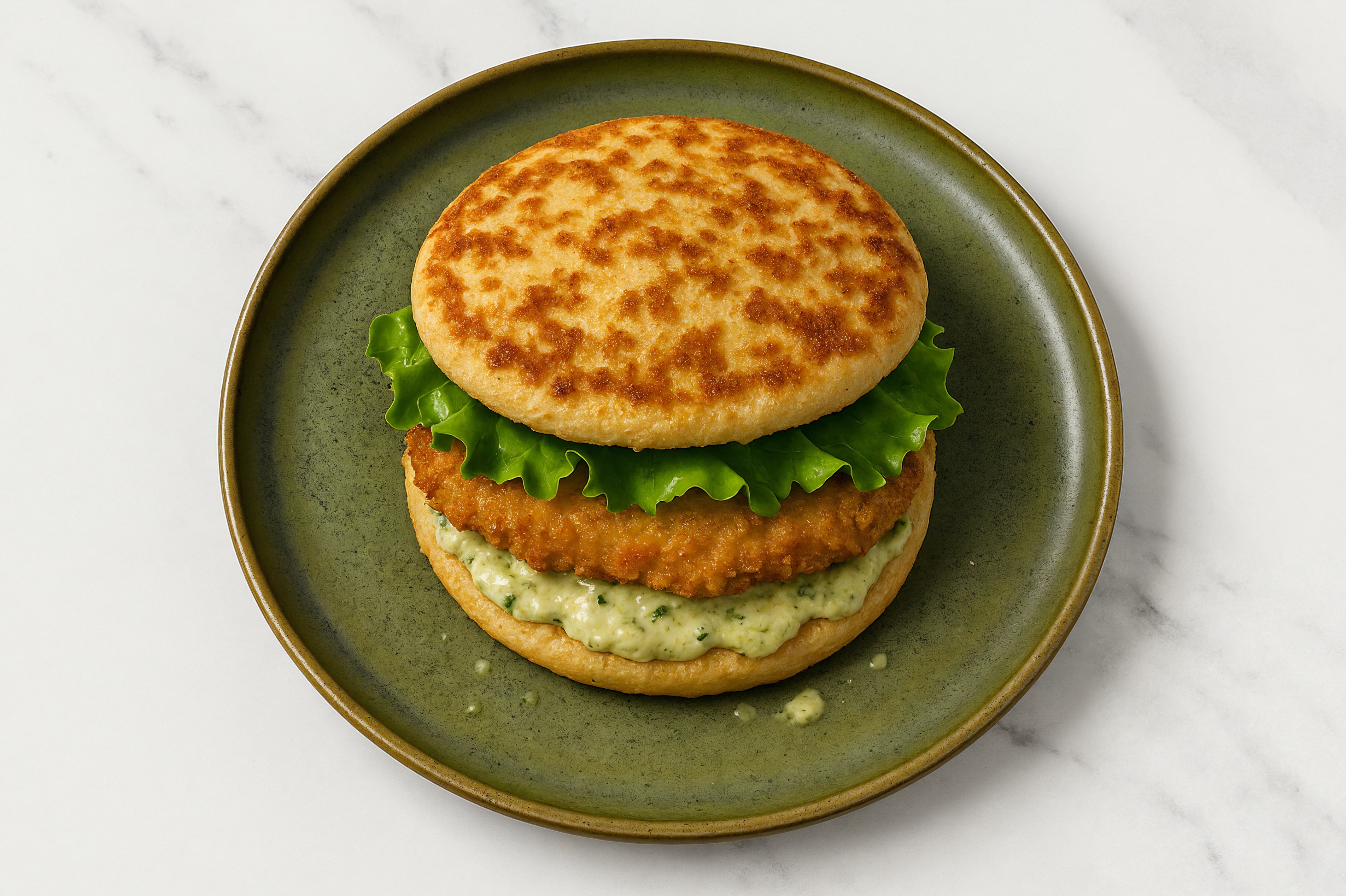 Creamy Artichoke "Chicken" Tenders Sandwich with Green Leaf Lettuce on Cauliflower Rounds