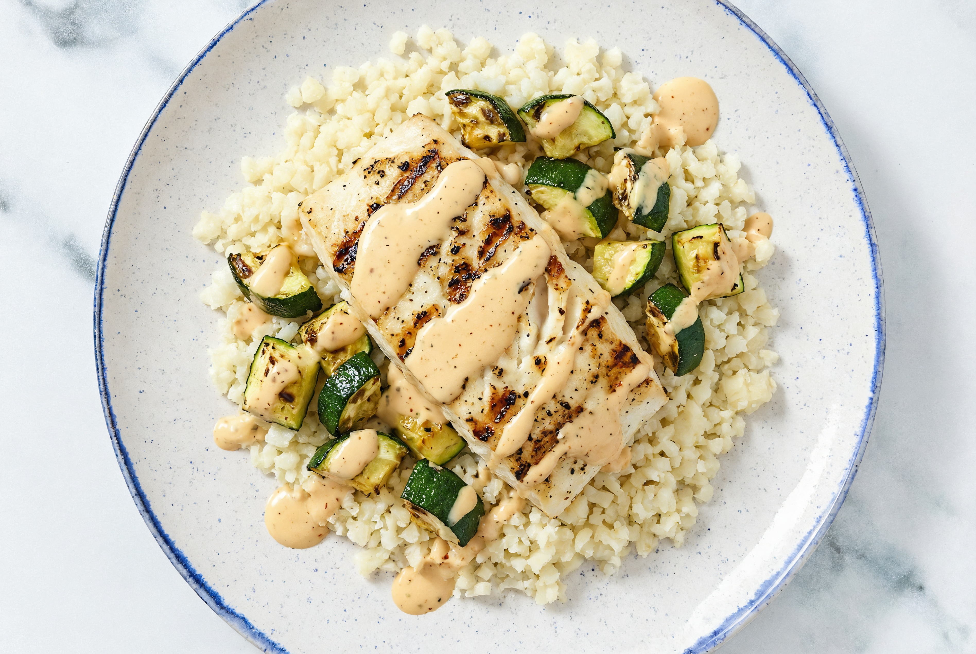 Grilled Buffalo Ranch Halibut Grain Bowl with Riced Cauliflower