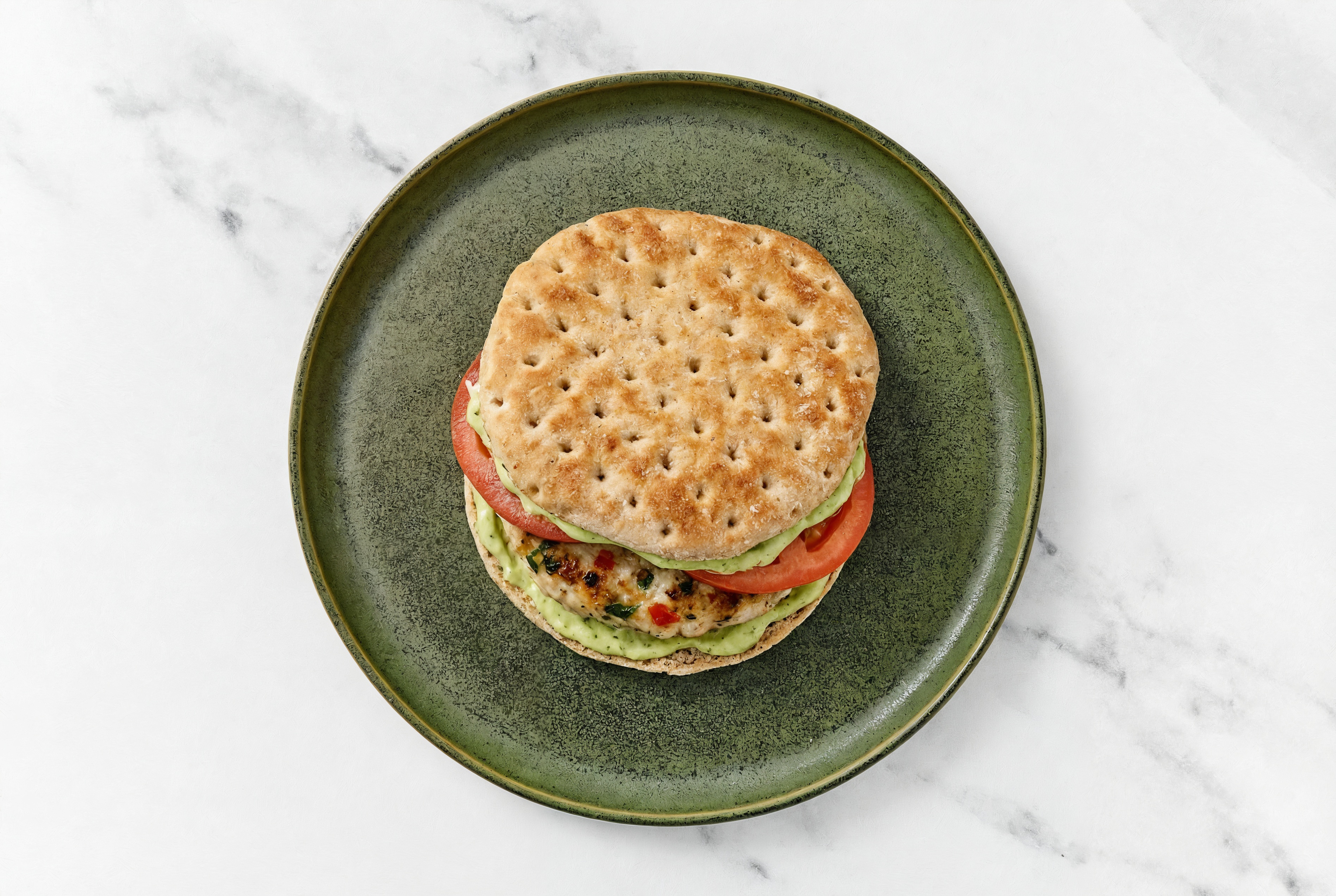 Herby Bruschetta Chicken Patties with Tomatoes + Pesto Aioli on Multigrain Buns