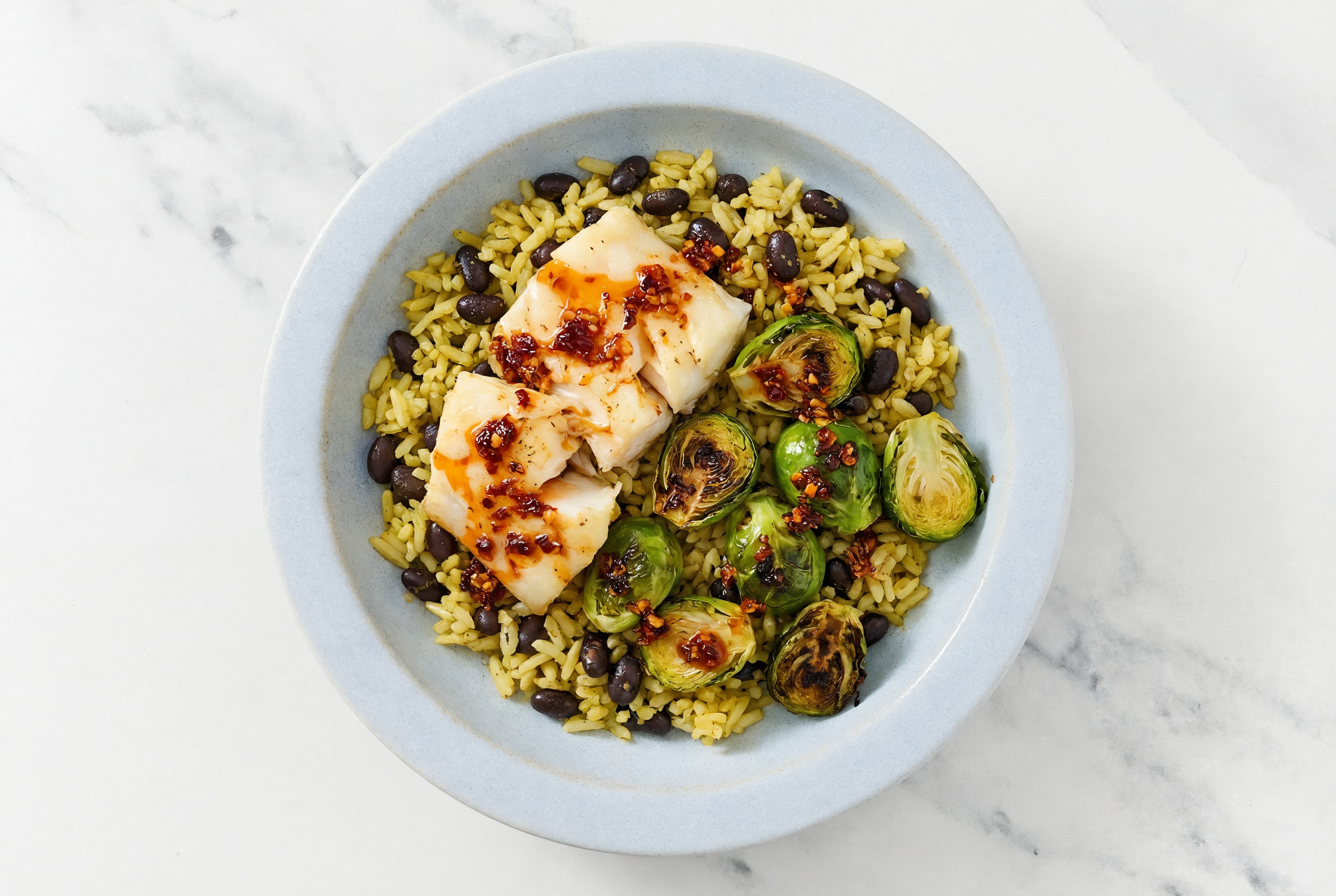 Air Fryer Chili Crisp Halibut + Brussels with Seasoned White Rice + Black Beans