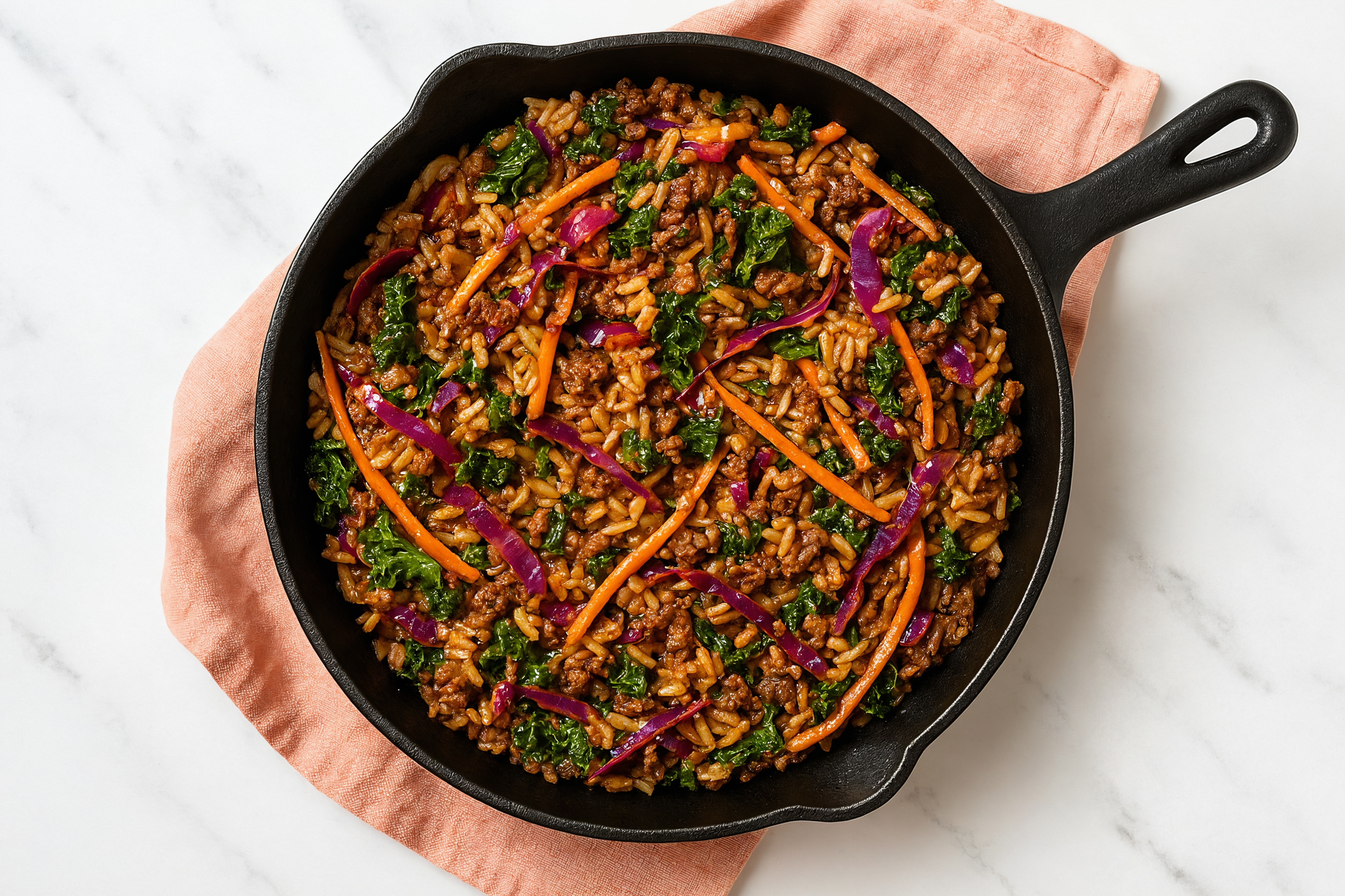 Sesame Ginger Rainbow Veggie + Ground Bison Stir-Fry with Long Grain White Rice