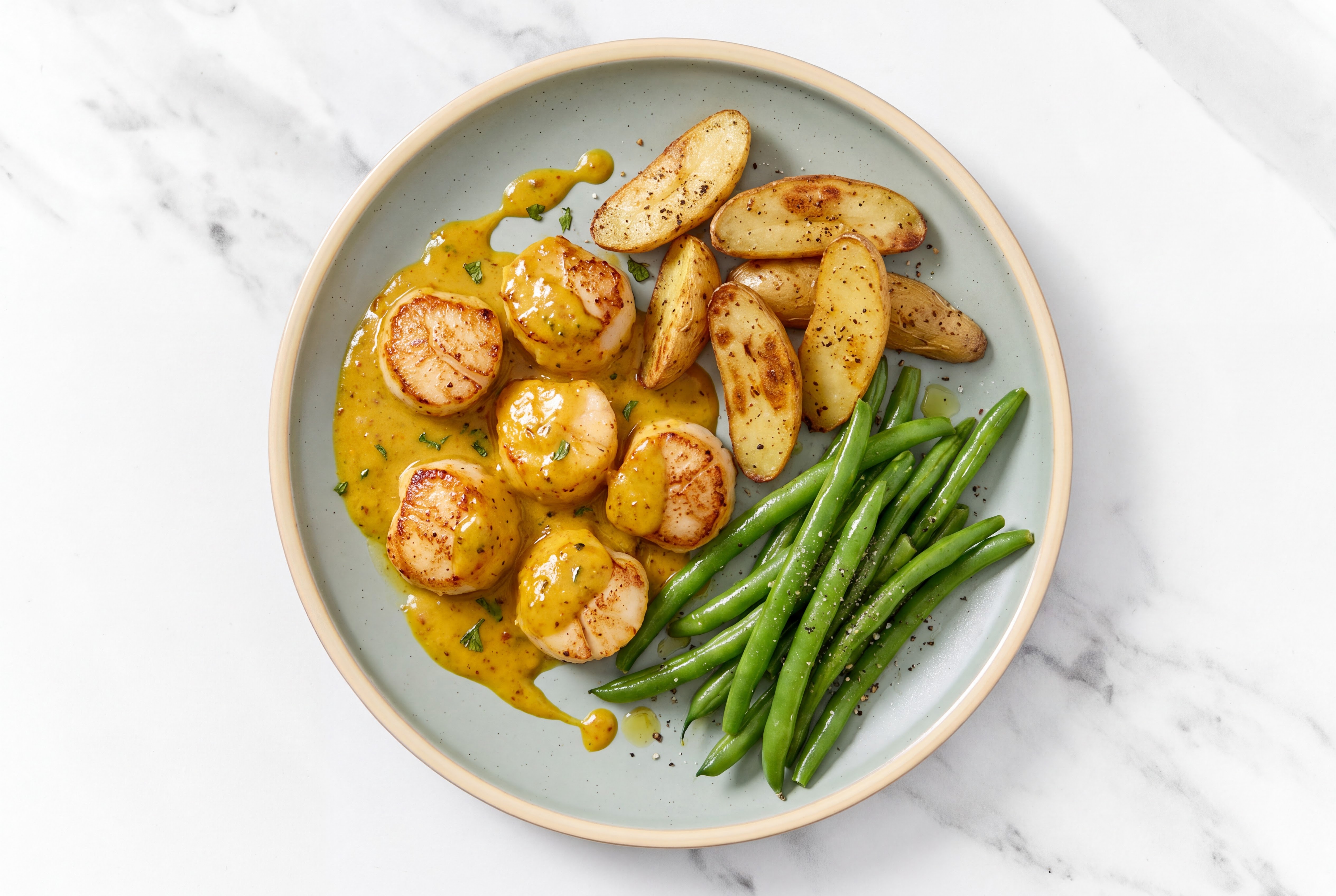 Curry Jumbo Scallops with Fingerling Potatoes & Green Beans