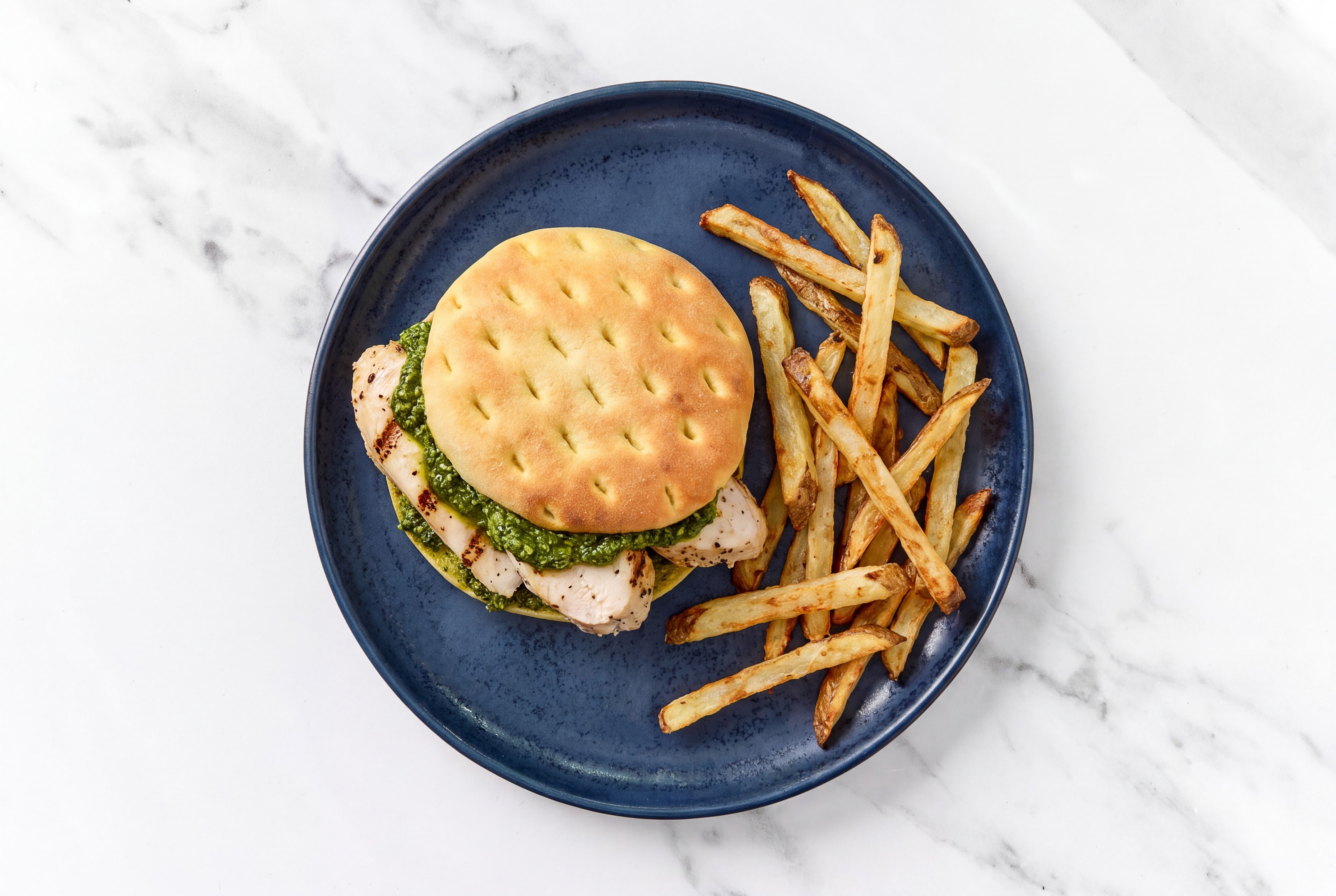 Herby Grilled Kale Pesto Seasoned Chicken Breast Sandwich + Fries
