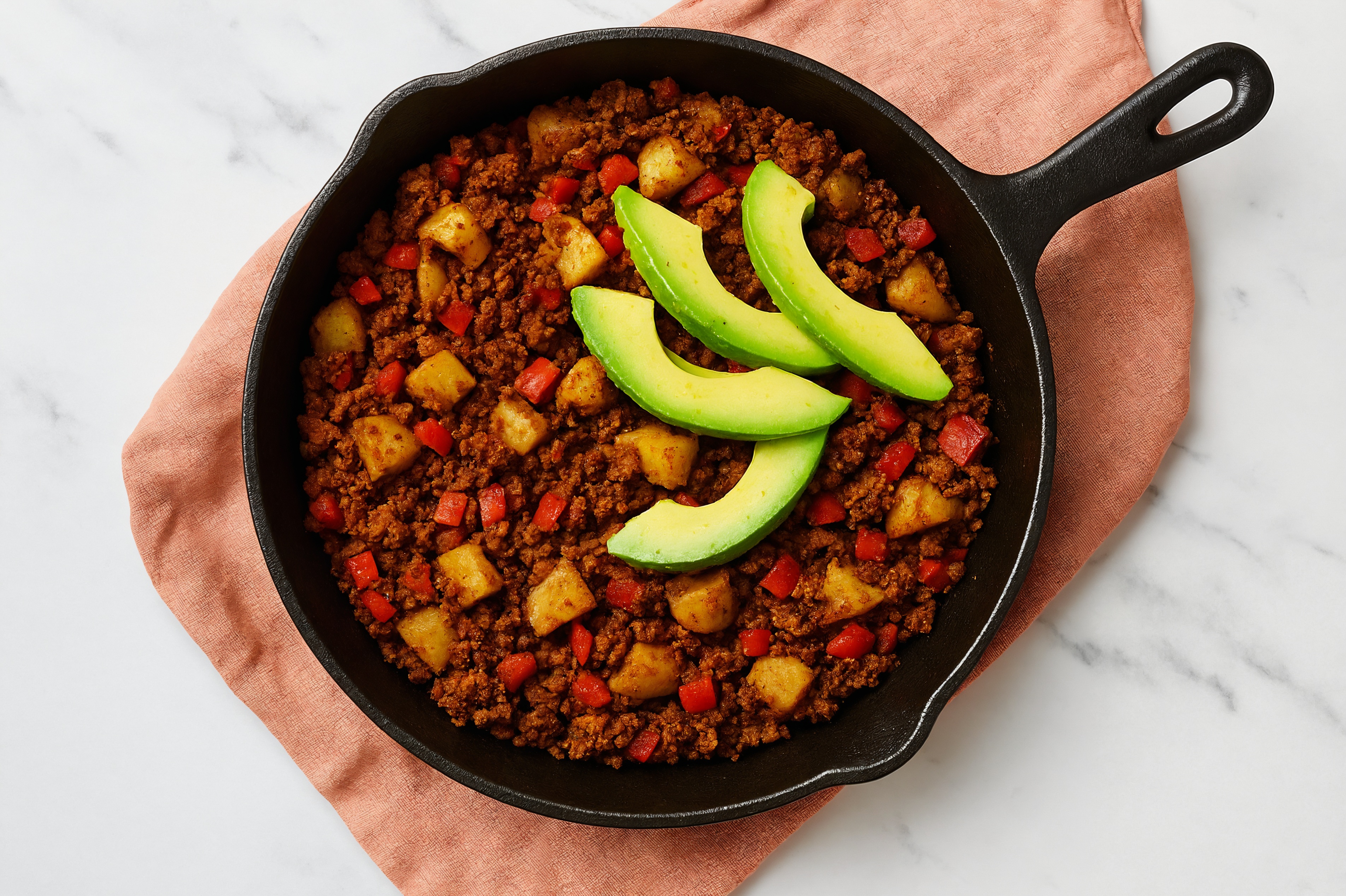 Hearty Southwestern "Chorizo" + Potato Skillet with Red Bell Pepper