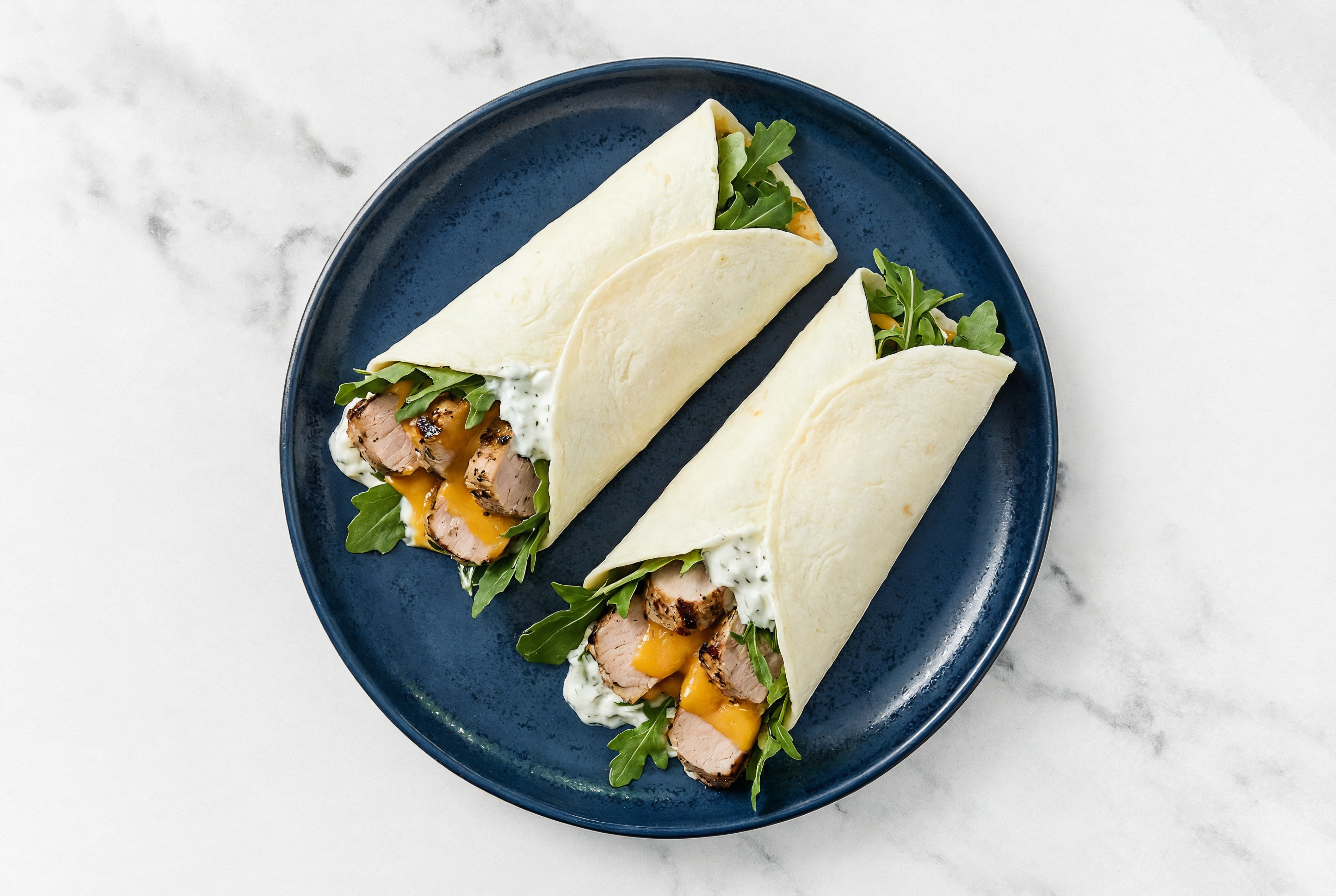 Creamy Pork Tenderloin + Cheddar Wraps with Arugula