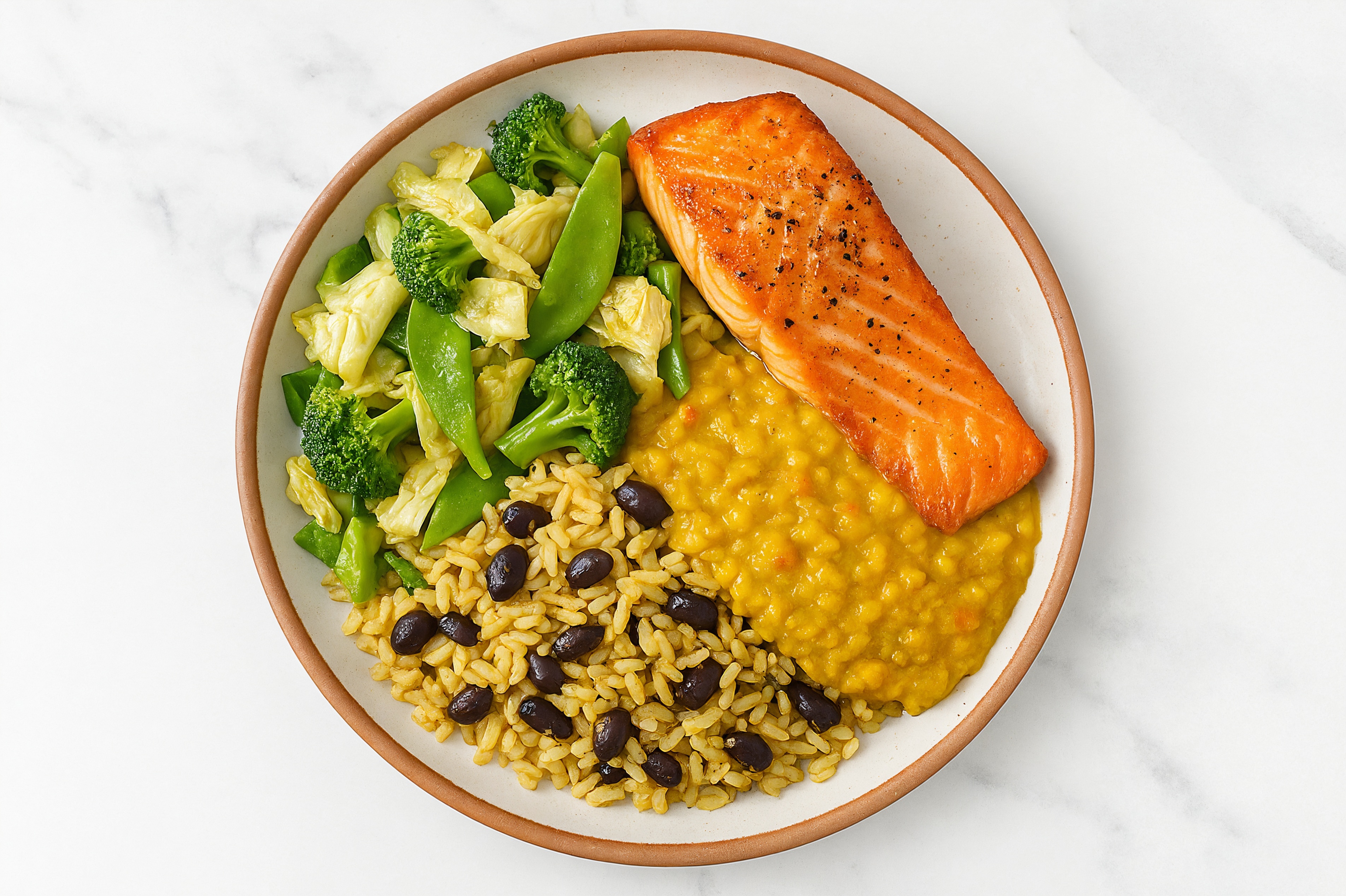 Seared Salmon + Bok Choy Red Lentil Bowl with Seasoned White Rice + Black Beans