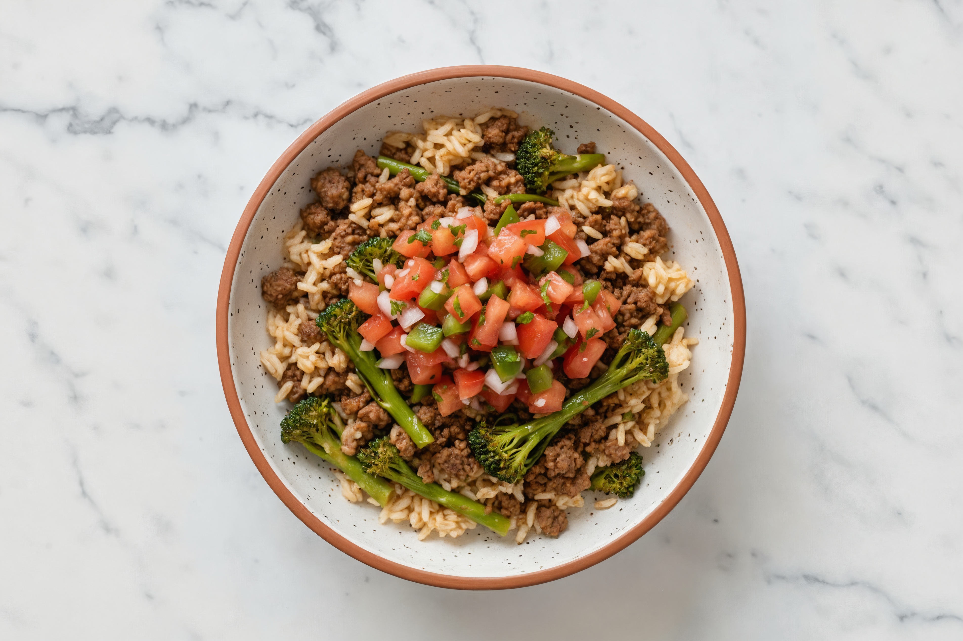 Beef Taco Bowl, Pico de Gallo, Rice, Sweet Baby Broccoli