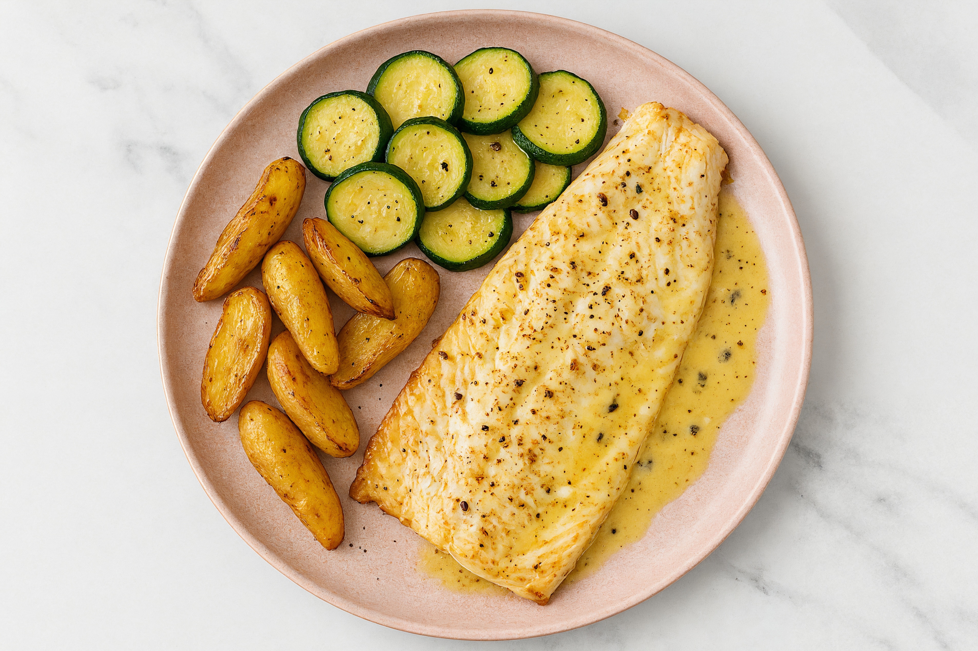 Lemon-Slow Churned & Peppercorn Pasture Butter Trout with Fingerling Potatoes & Zucchini