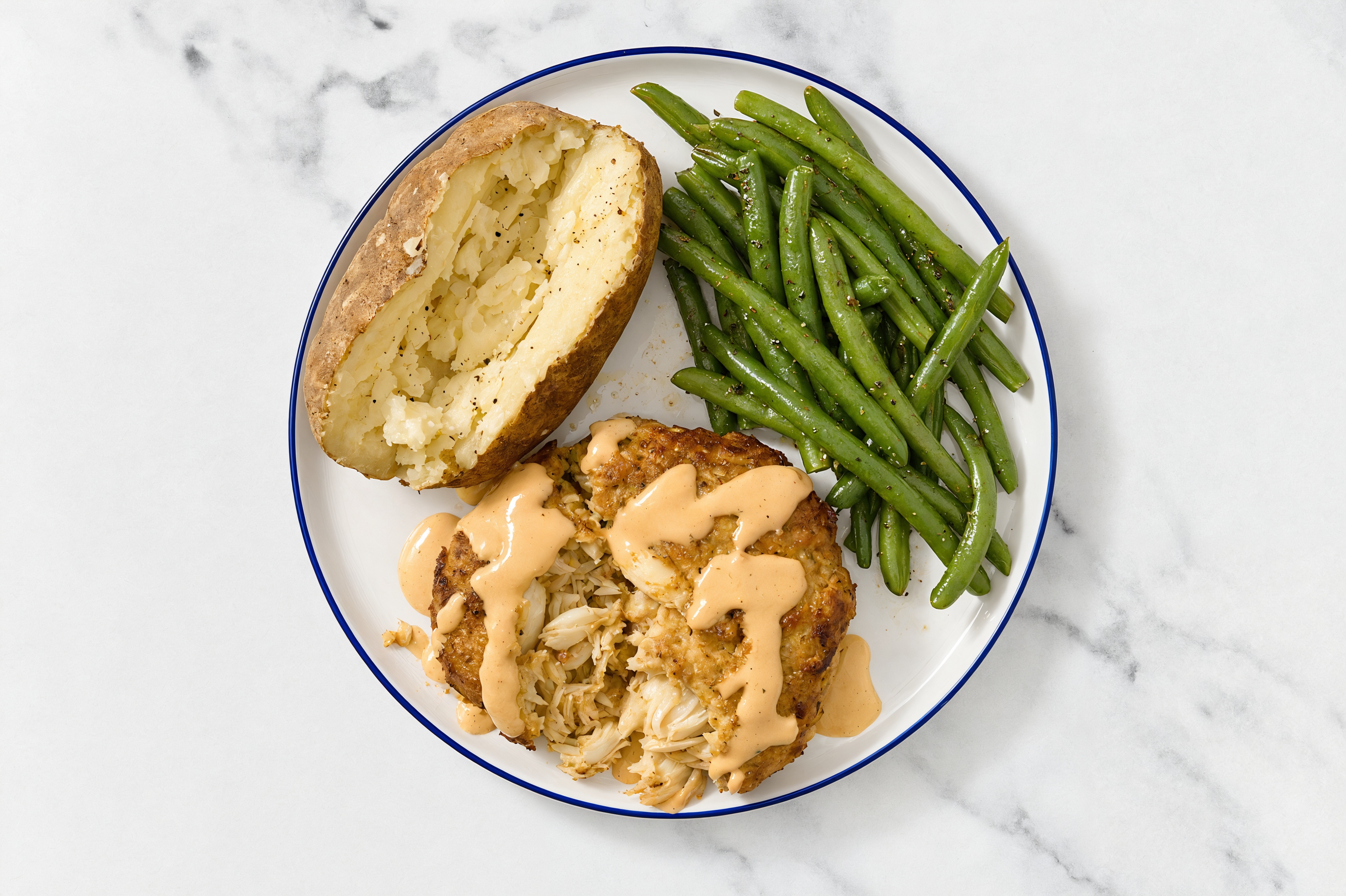 Jumbo Lump Crab Cakes with Taters + Green Beans