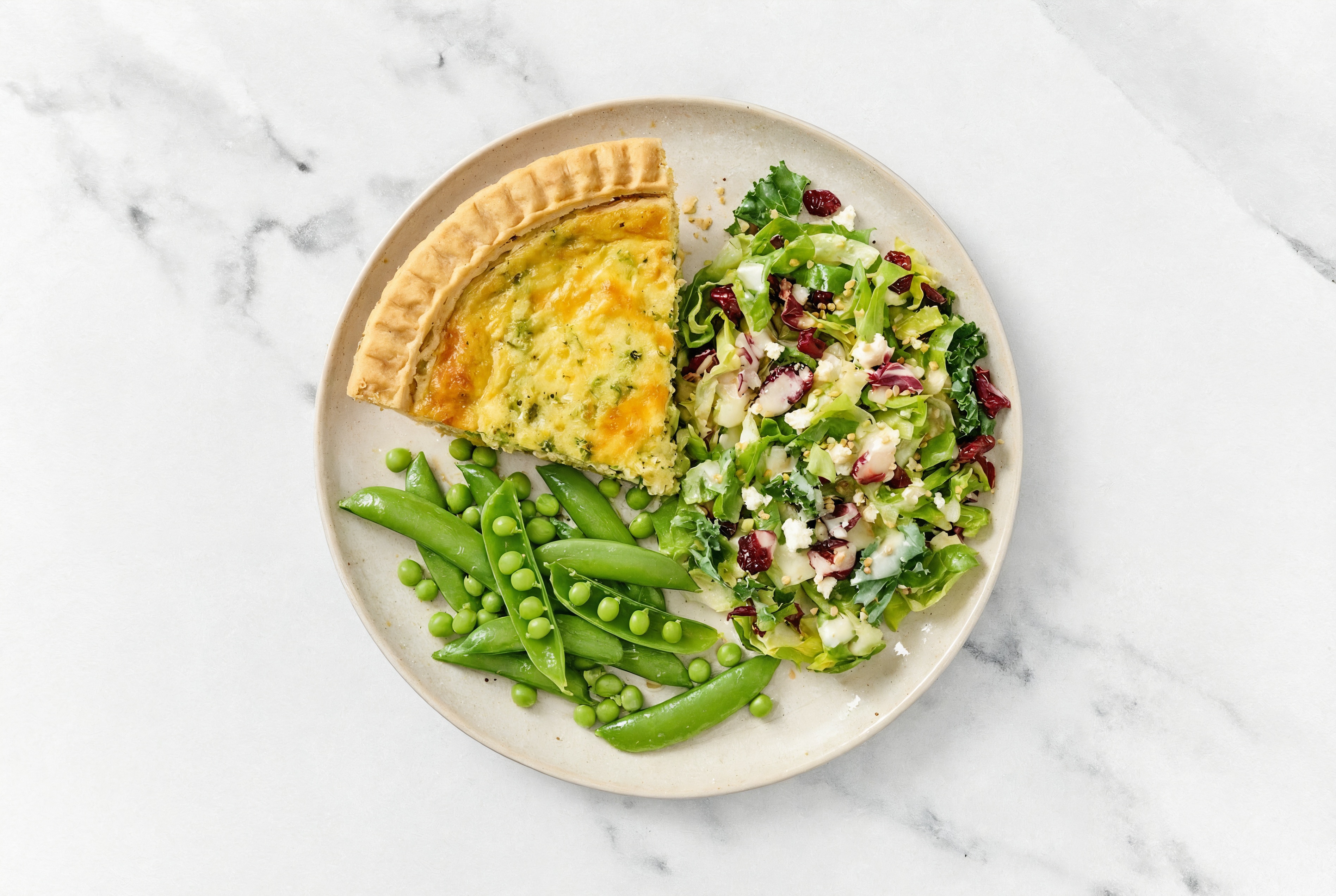 Broccoli & Cheddar Quiche with Snap Peas & Honey Citrus Salad