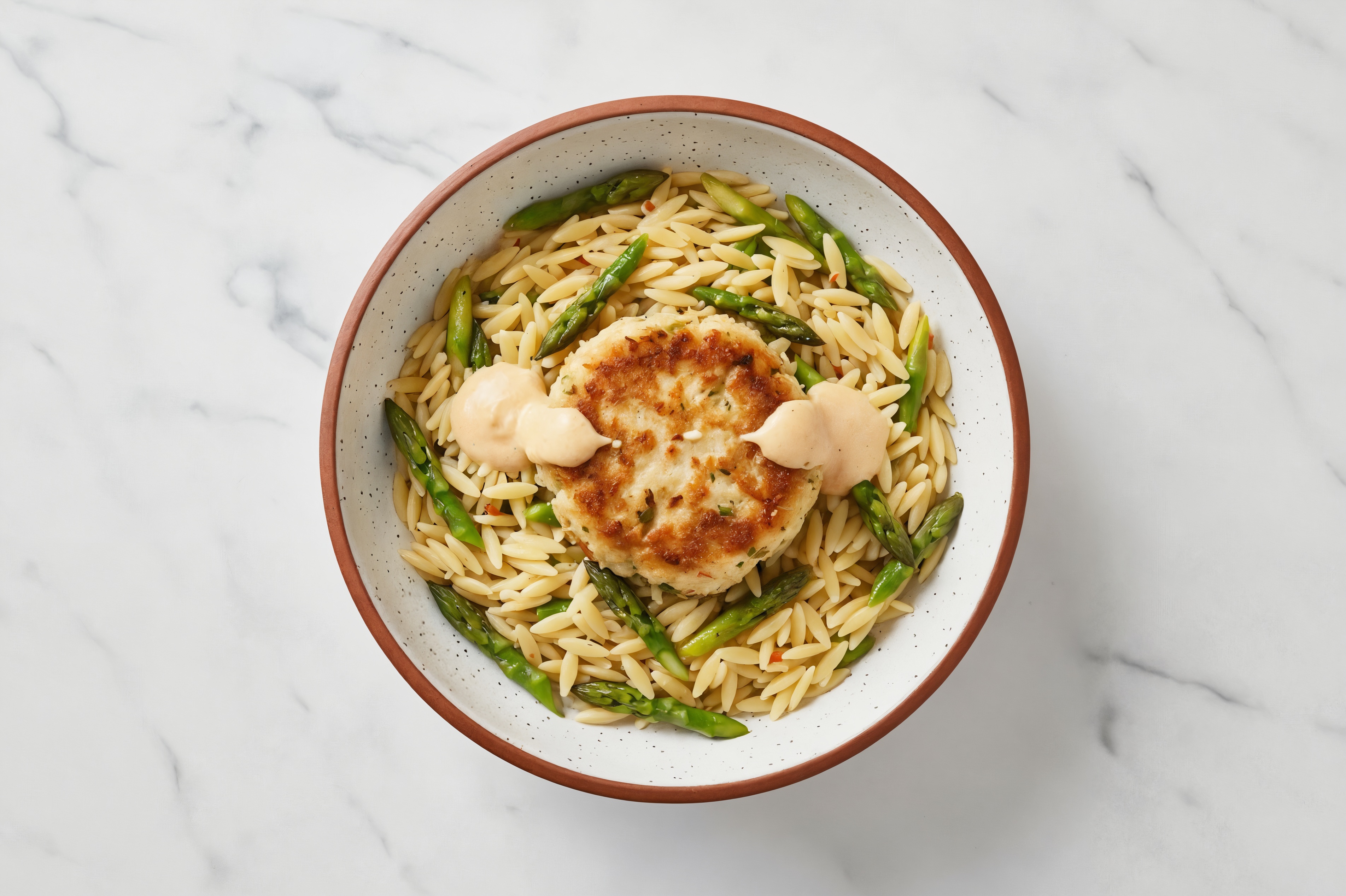 Snow Crab Cakes Cake + Asparagus Orzo Bowl