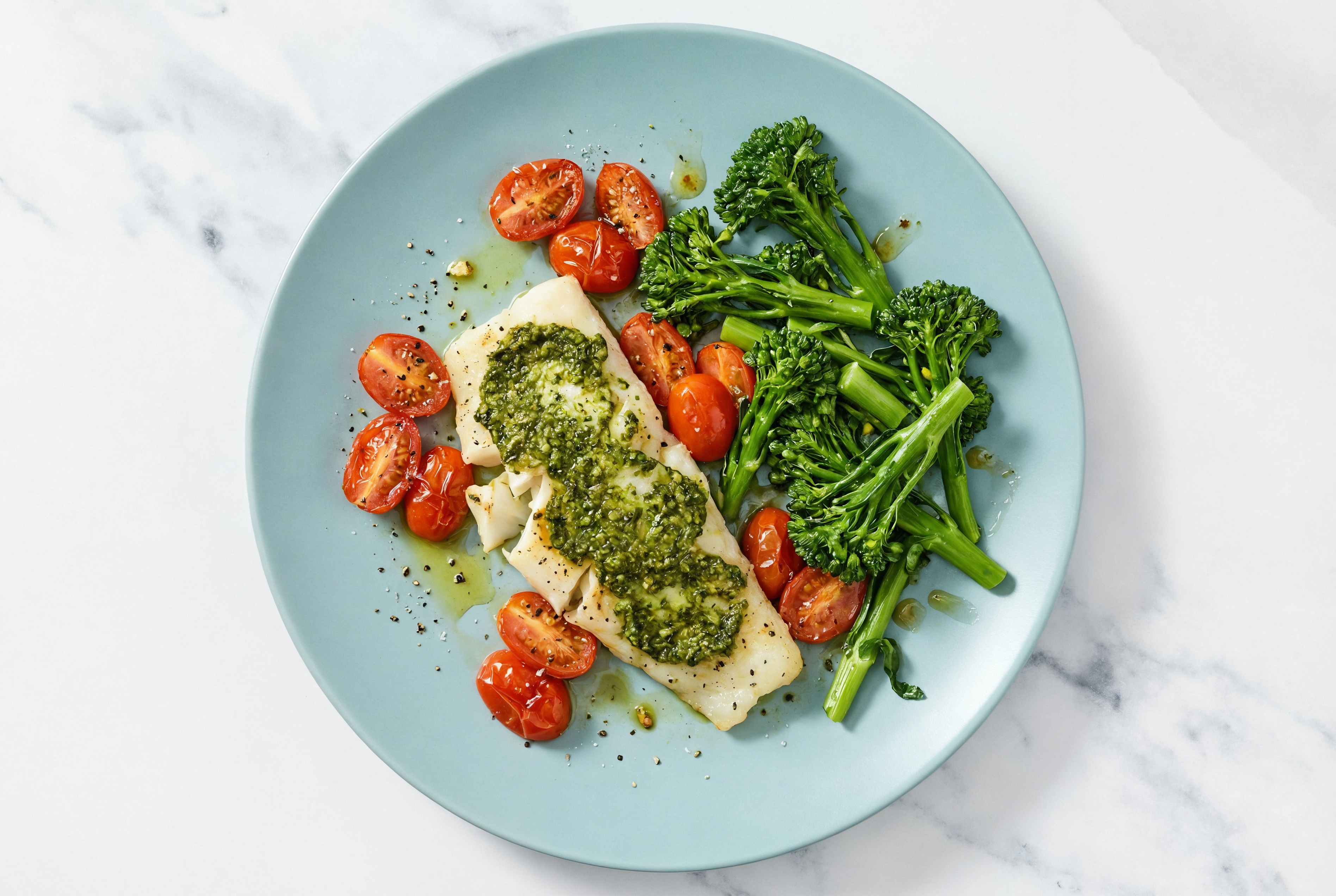 Oven Roasted Pesto Cod + Juicy Tomatoes