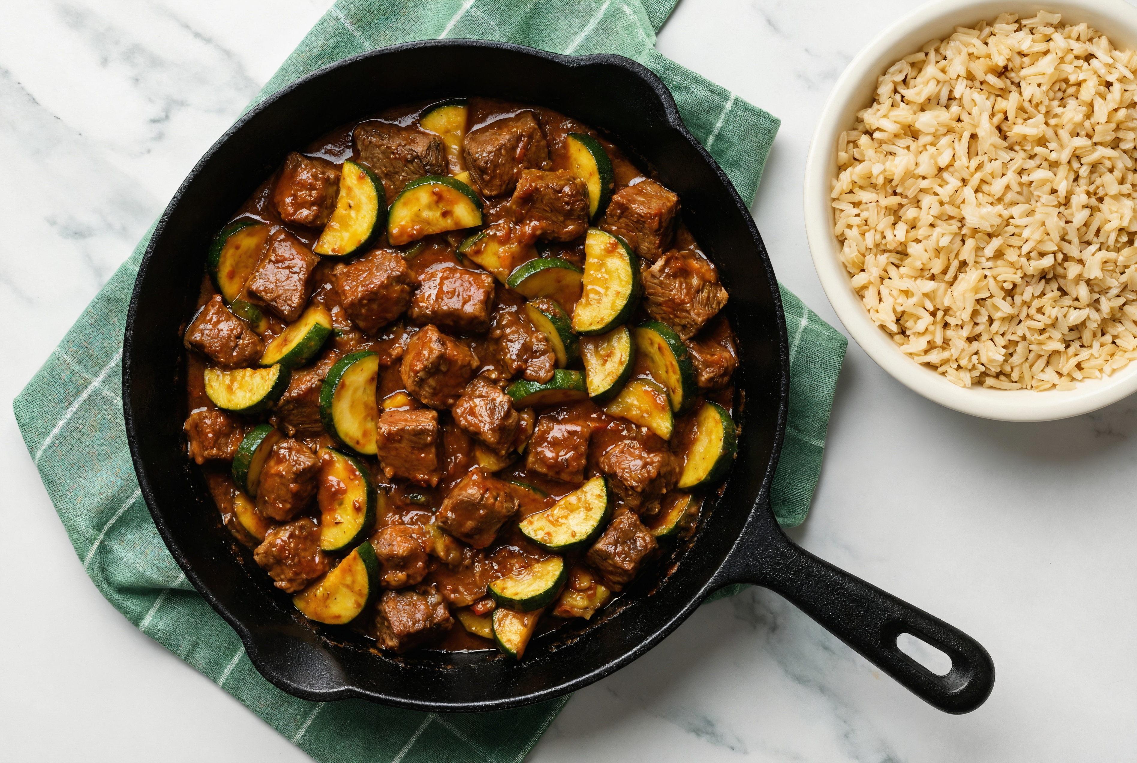 Spicy Vindaloo Beef Filet Stir-Fry with Zucchini over Brown Rice