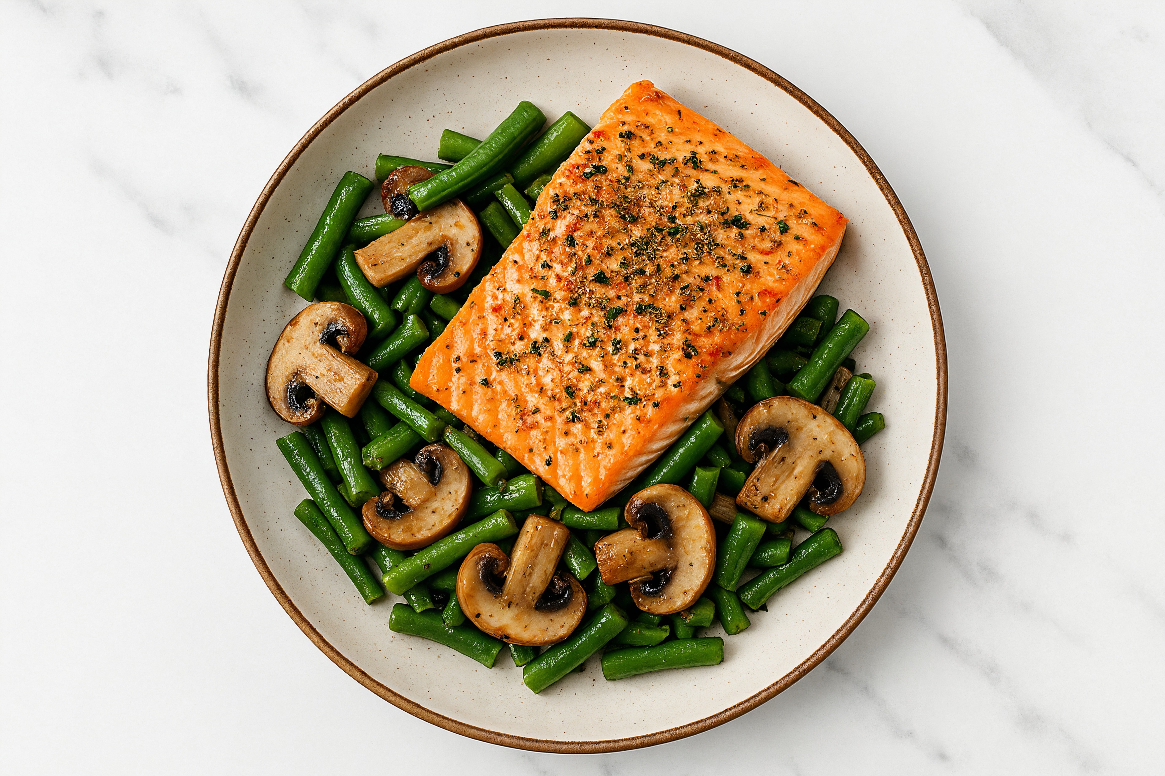 Garlic Roasted Wild Salmon with Green Beans + Mushrooms