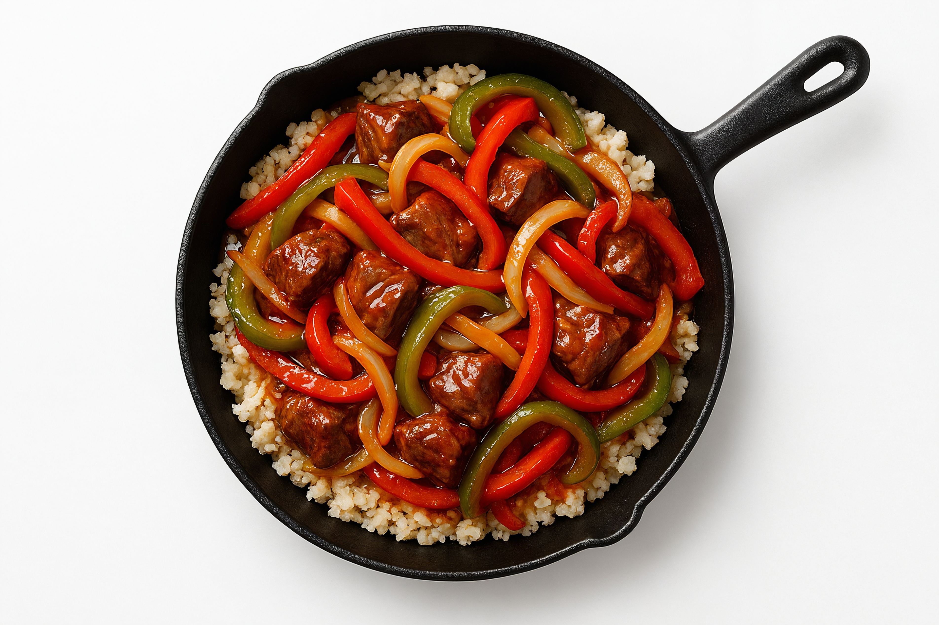 Sweet Chili Sirloin Tip Stir-Fry with Bell Peppers over Riced Cauliflower