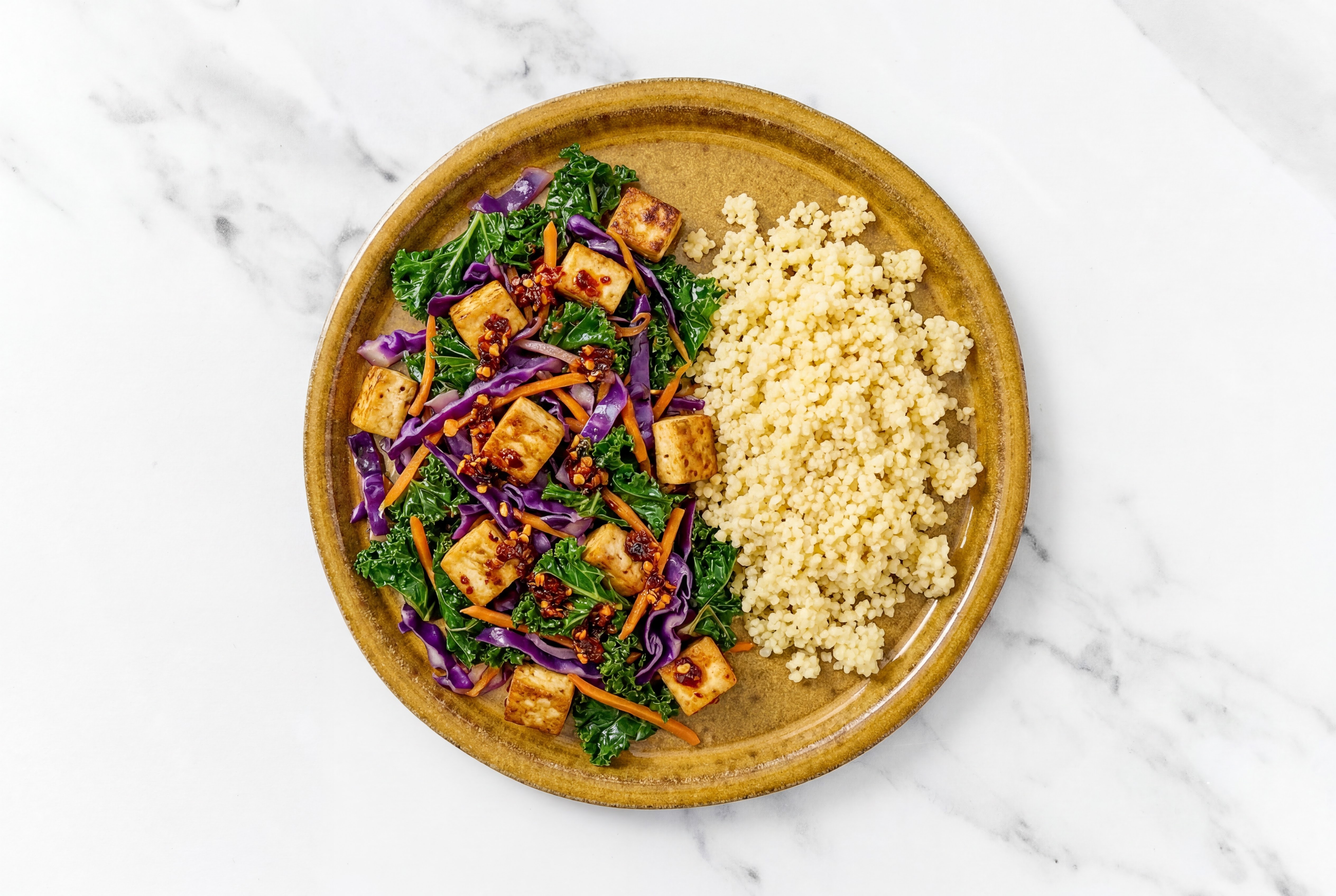 Chili Crisp Tofu with Couscous + Rainbow Veggies