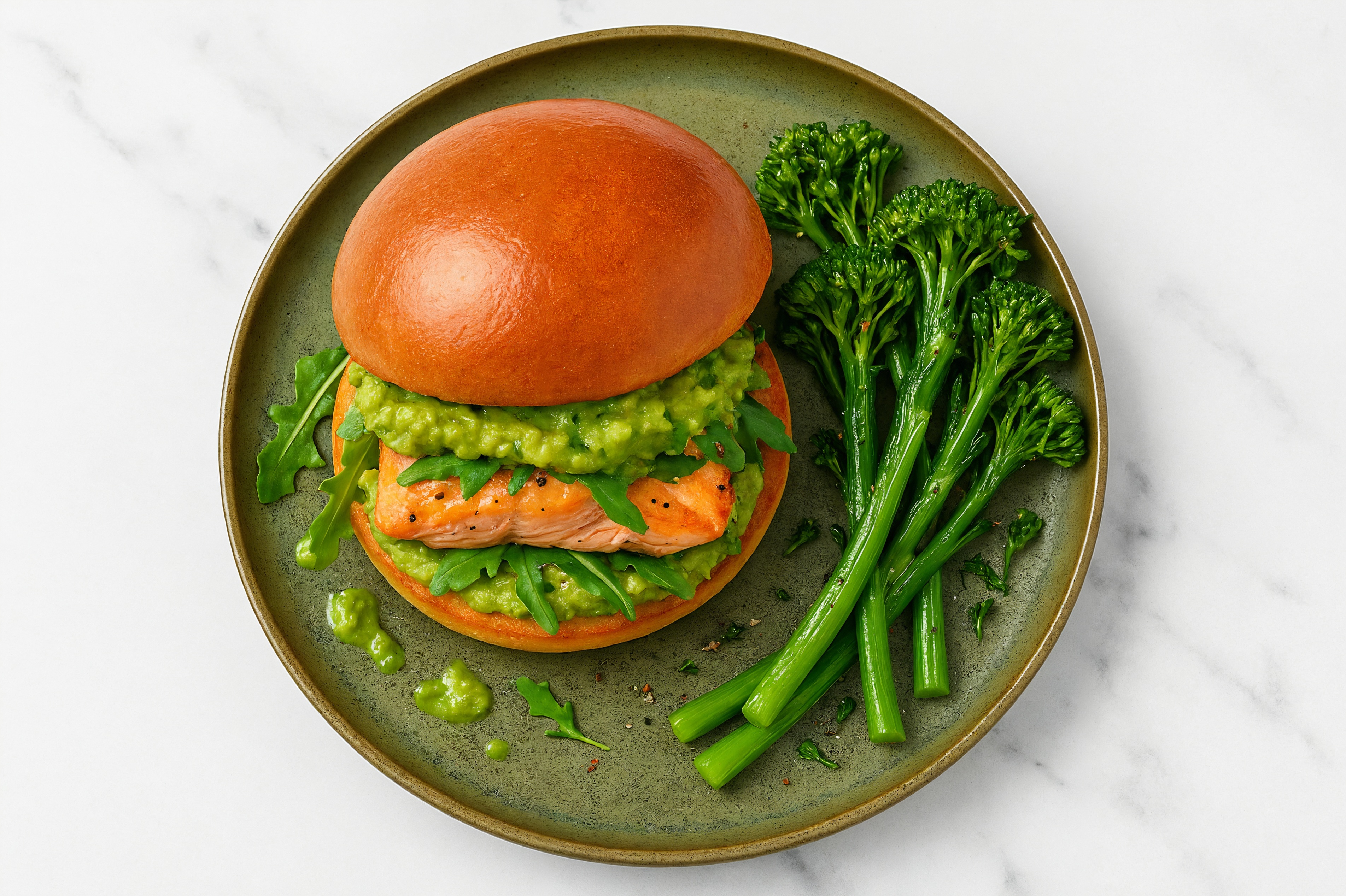 Guac' Salmon Sandwich on Brioche with Arugula + Broccoli
