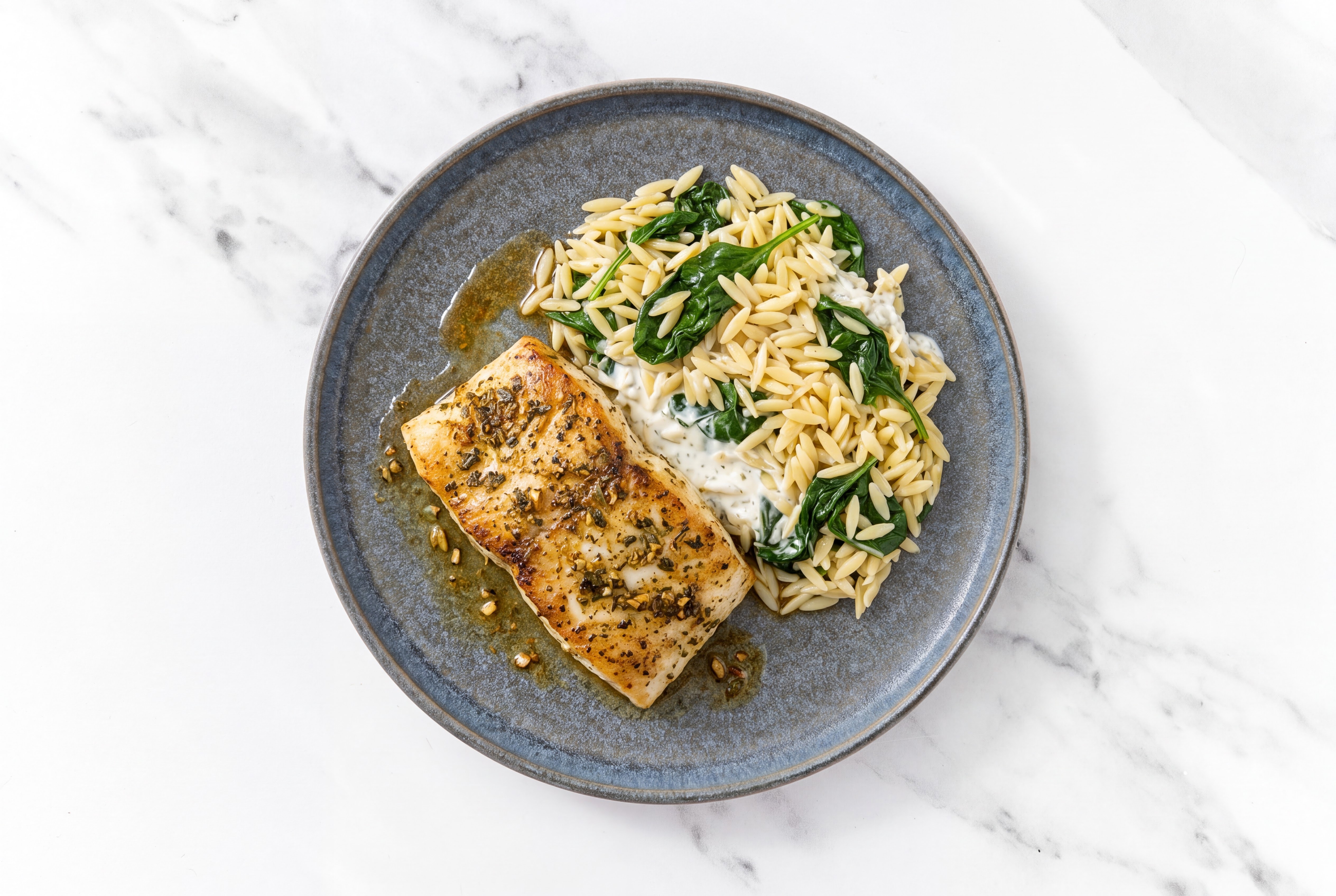Seared Halibut + Herby Orzo with Baby Spinach