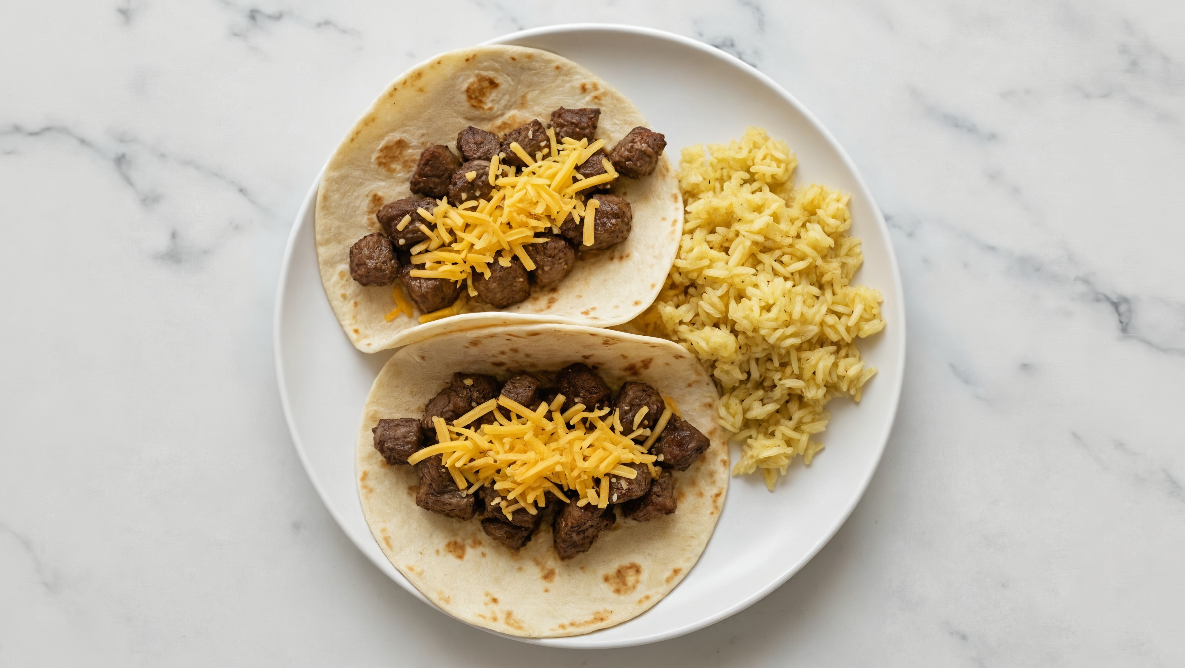 Cheesy Beef Tacos + Jasmine Rice with Shredded Sharp Cheddar Cheese